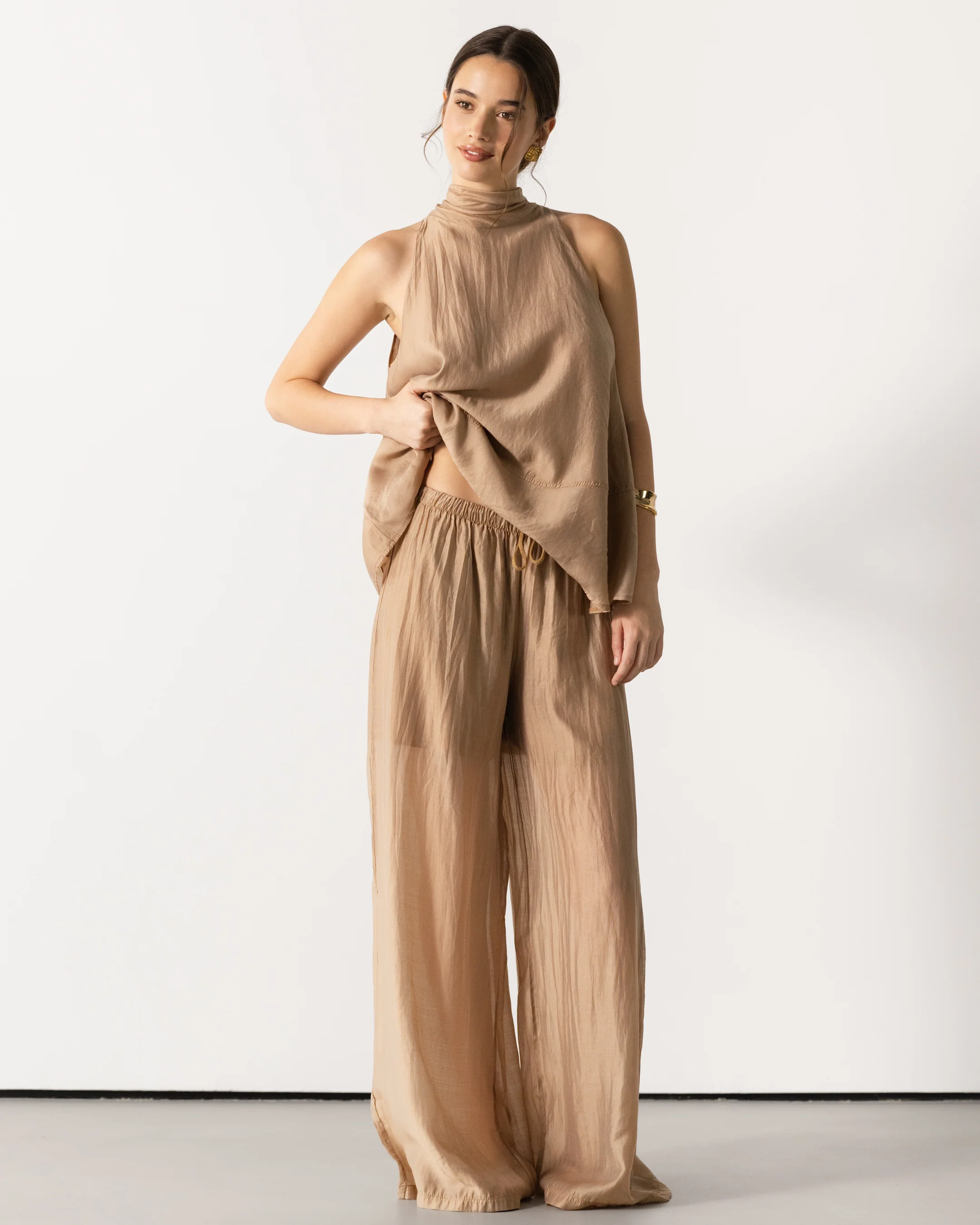 Clotilde Lightweight Elastic Waist Pants Trousers | Sand - Image 2