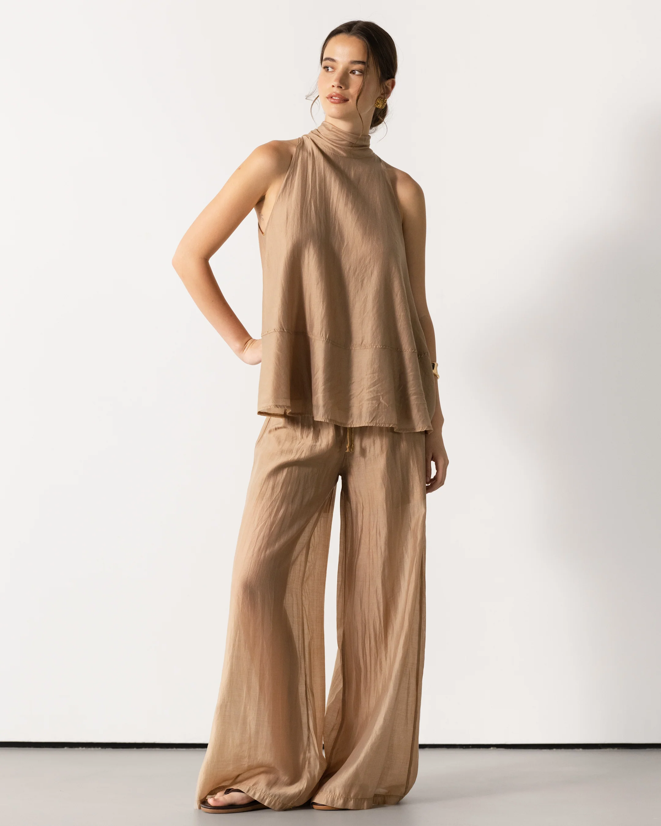 Clotilde Lightweight Elastic Waist Pants Trousers | Sand - Image 6