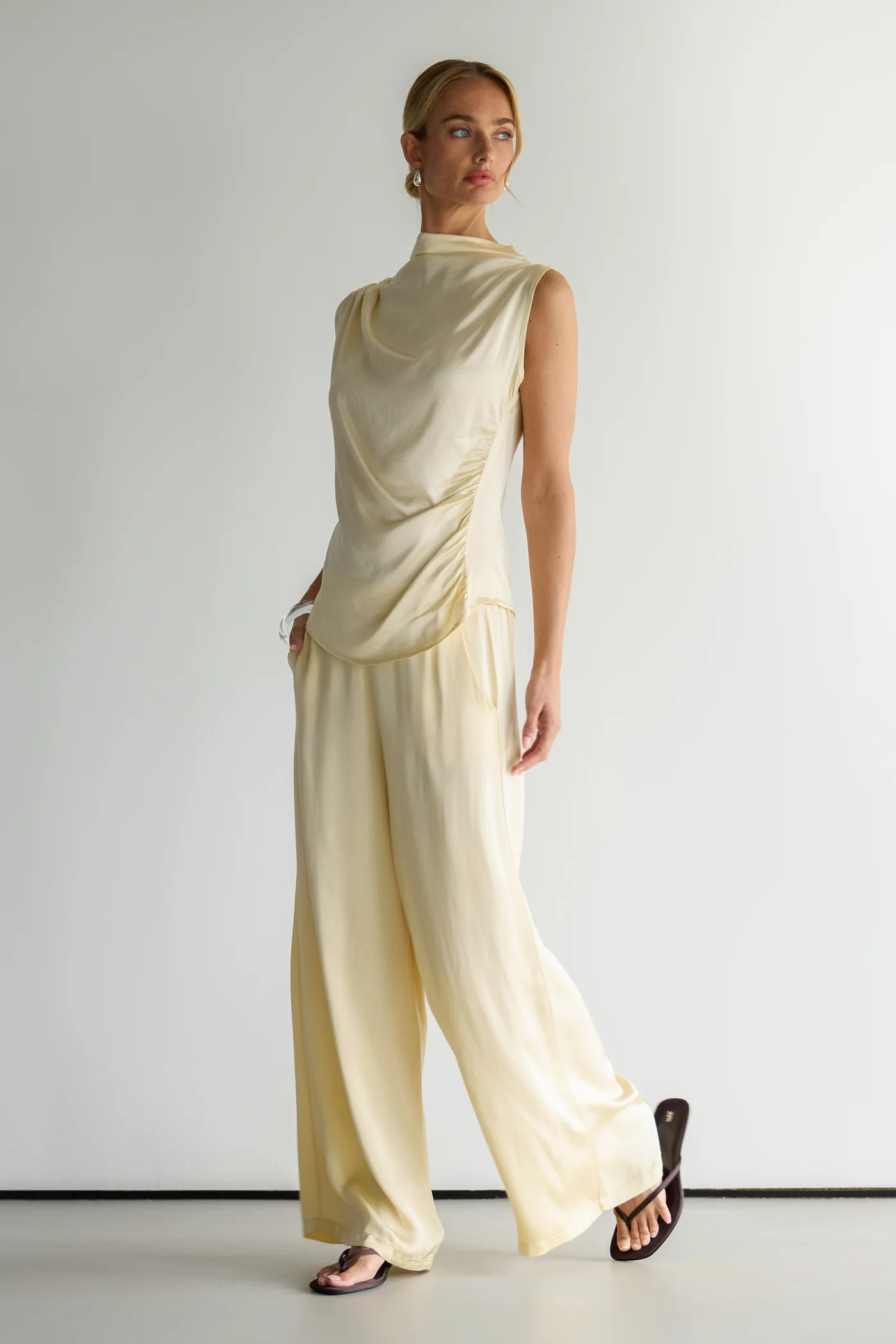 Allegra Draped Satin Sleeveless Top | Buttercream - Image 2