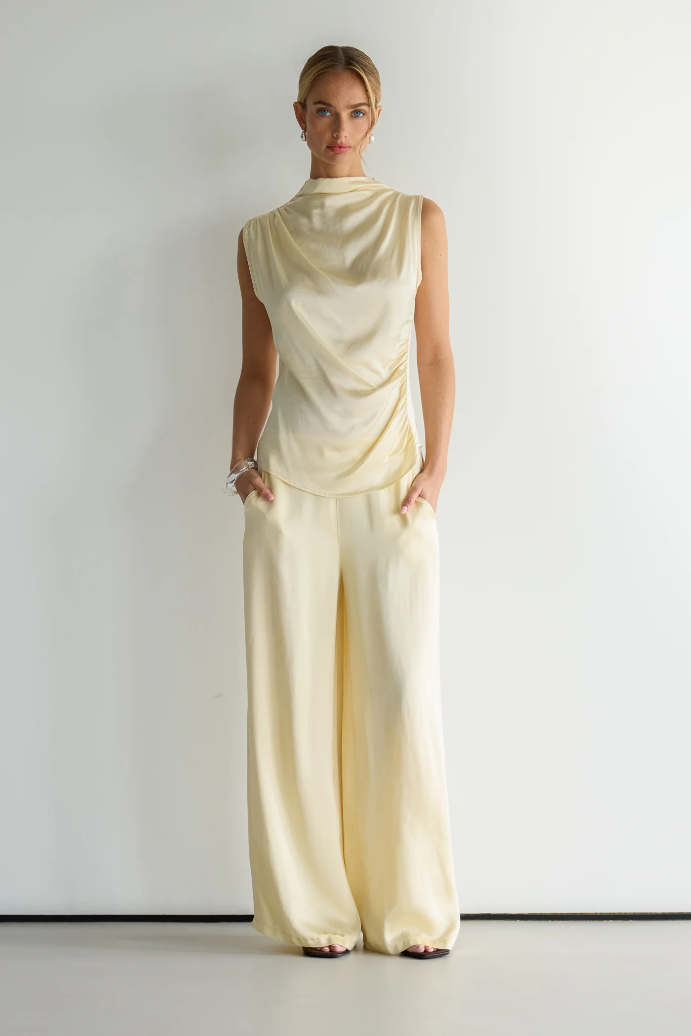 Allegra Draped Satin Sleeveless Top | Buttercream - Image 4