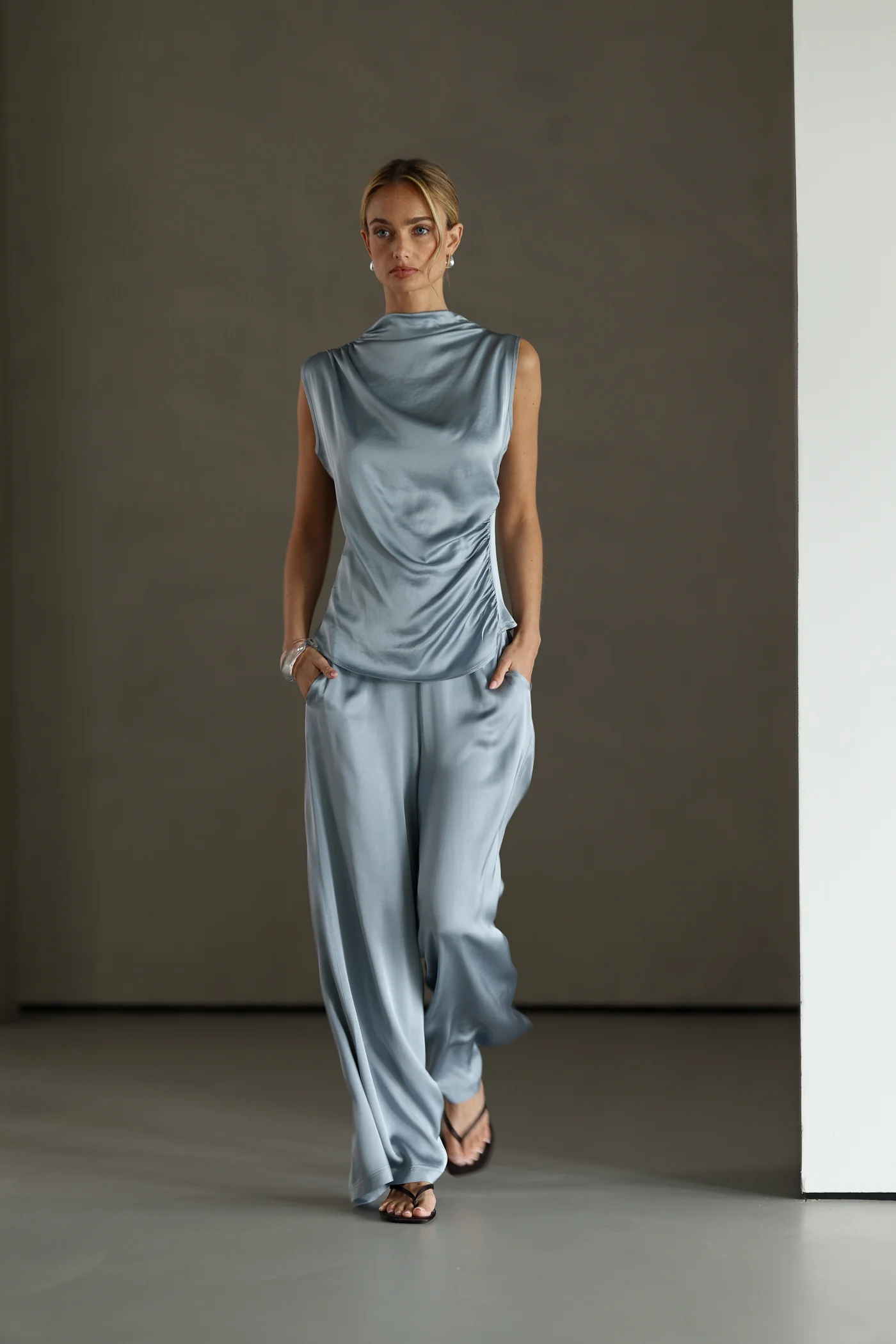 Cole Satin Trousers | Dusty Blue