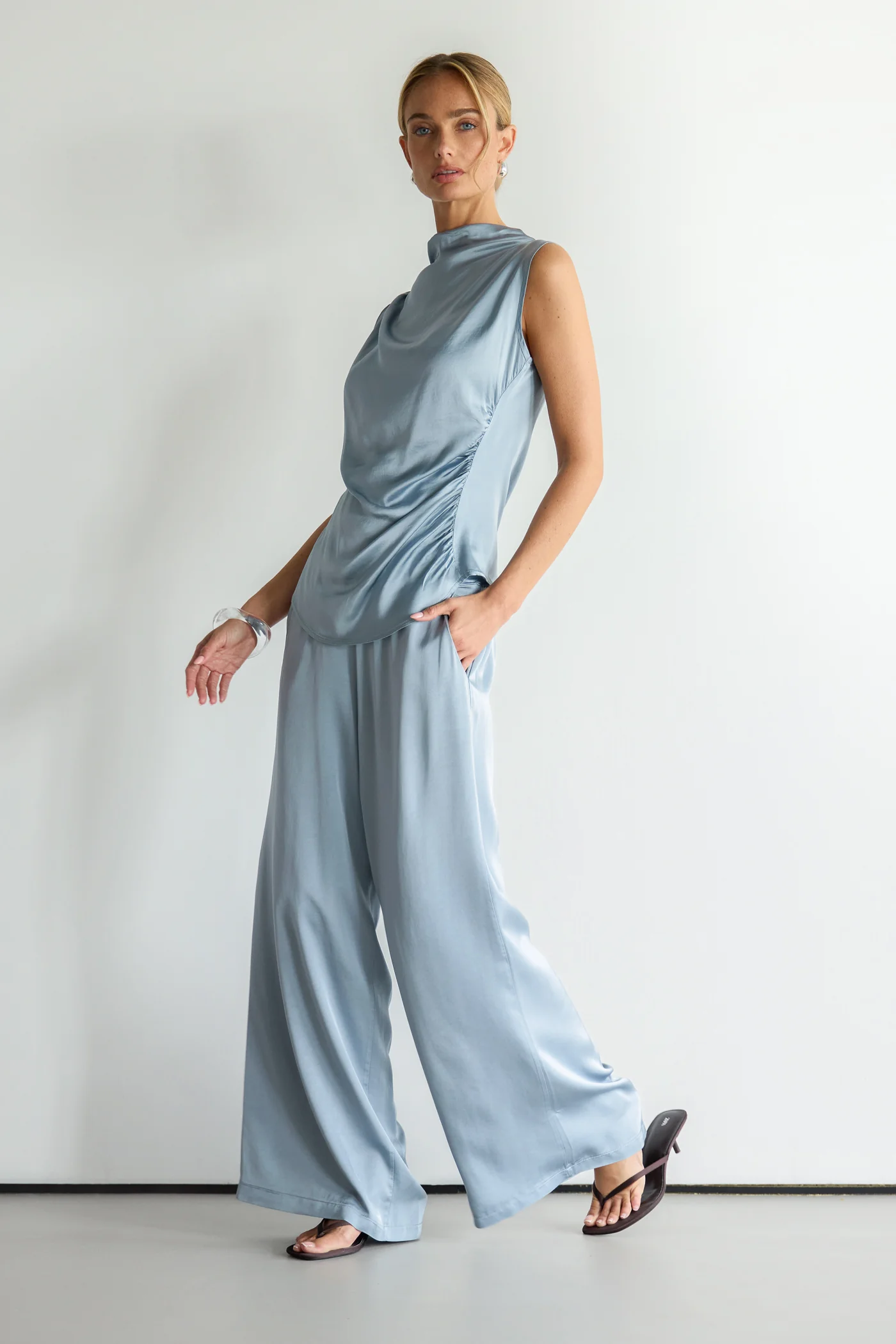 Allegra Draped Satin Sleeveless Top | Dusty Blue - Image 4