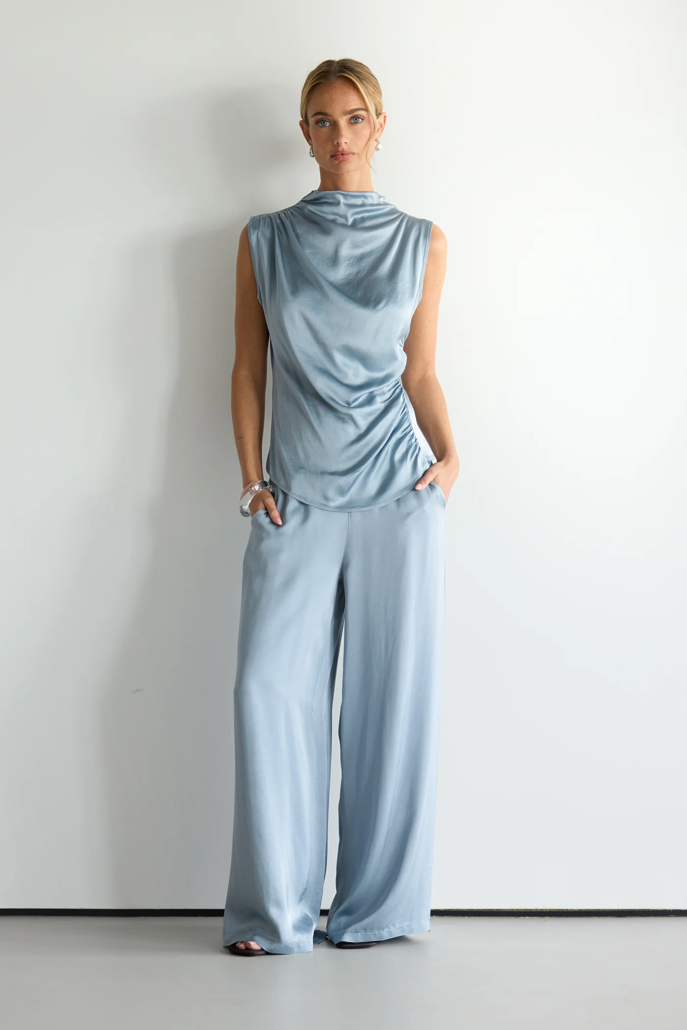 Allegra Draped Satin Sleeveless Top | Dusty Blue - Image 5