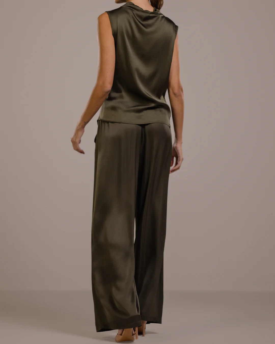 Cole Satin Trousers | Khaki - Image 2