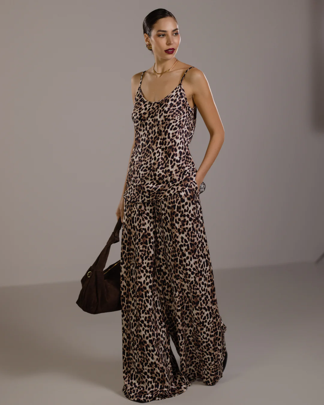 Helena Elastic Waist Satin Trousers | Leopard Brown - Image 7