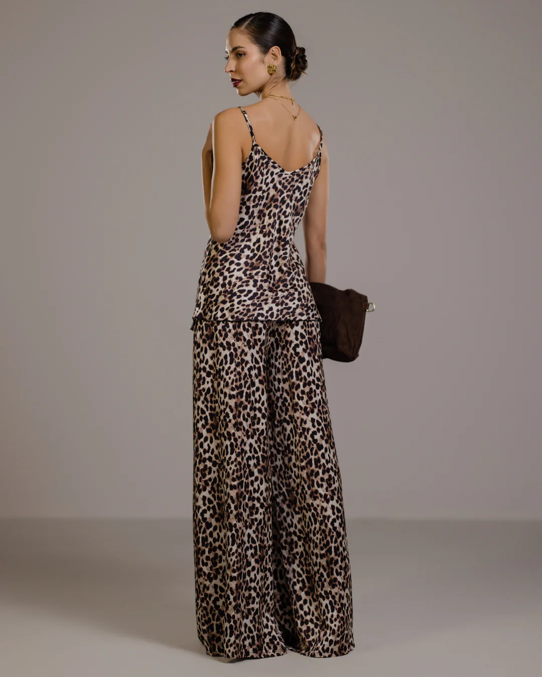 Helena Elastic Waist Satin Trousers | Leopard Brown - Image 5