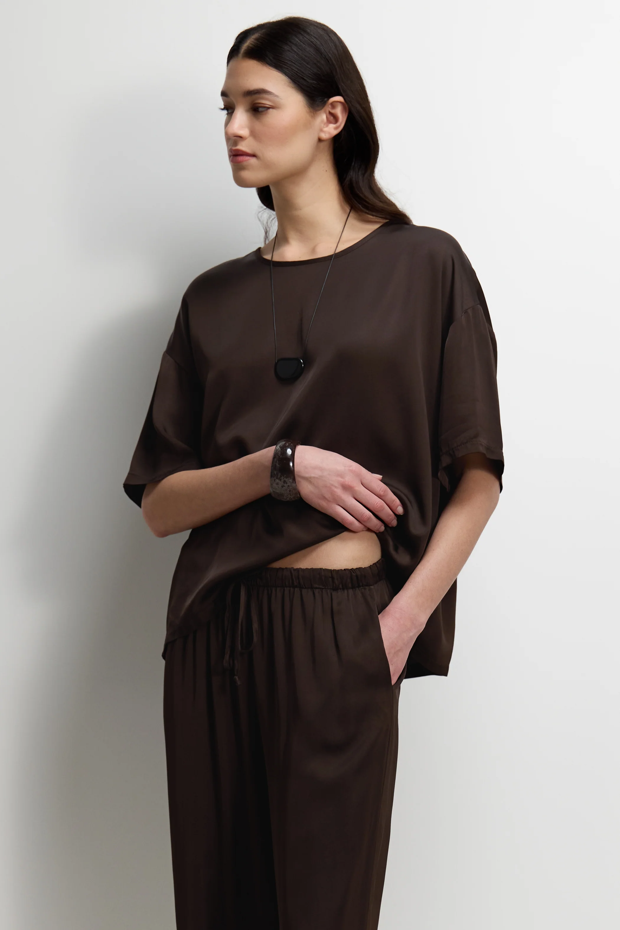 Corin Elastic Waist Satin Trousers | Espresso Brown - Image 2