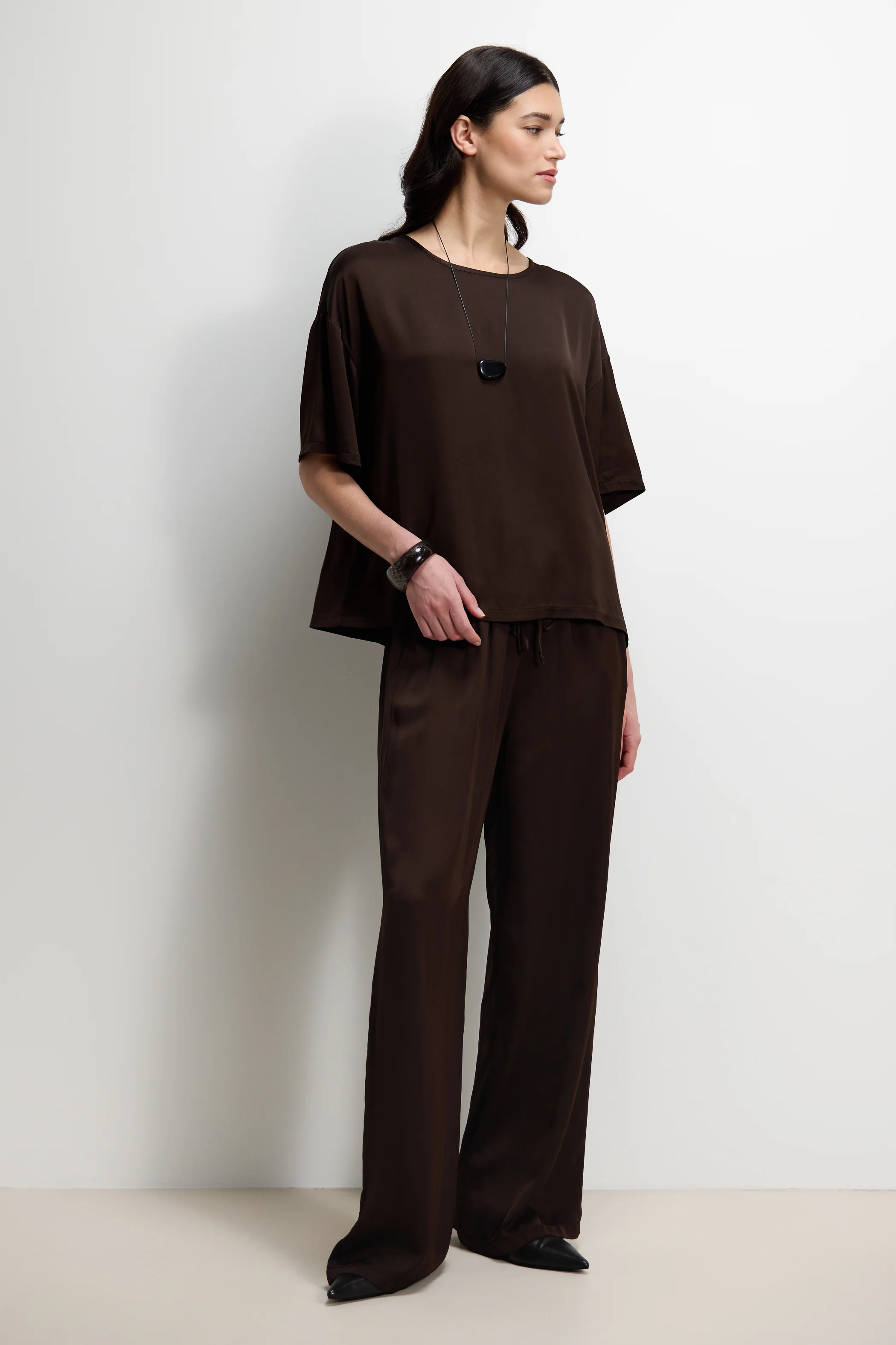 Corin Elastic Waist Satin Trousers | Espresso Brown - Image 4