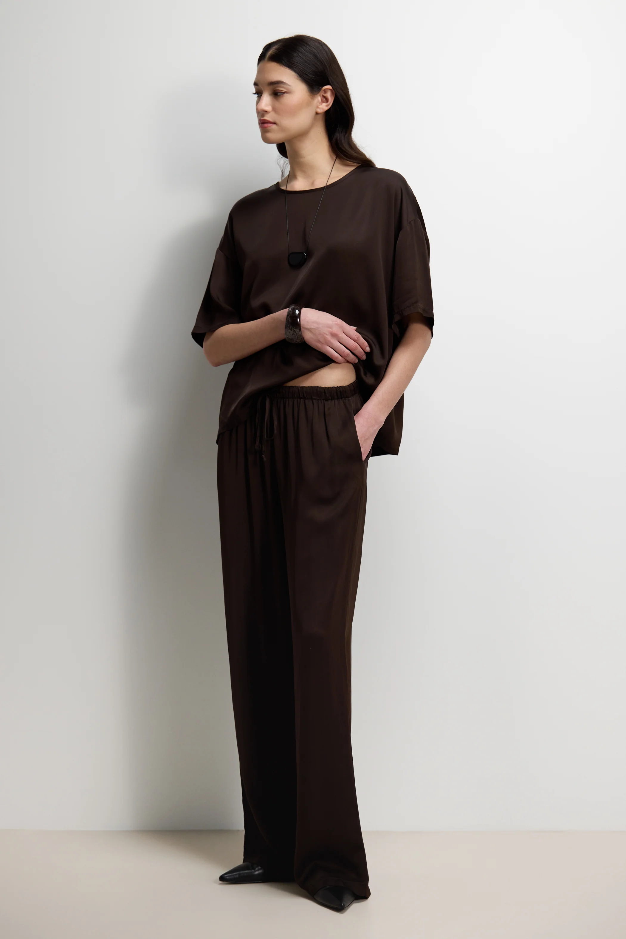 Corin Elastic Waist Satin Trousers | Espresso Brown - Image 9