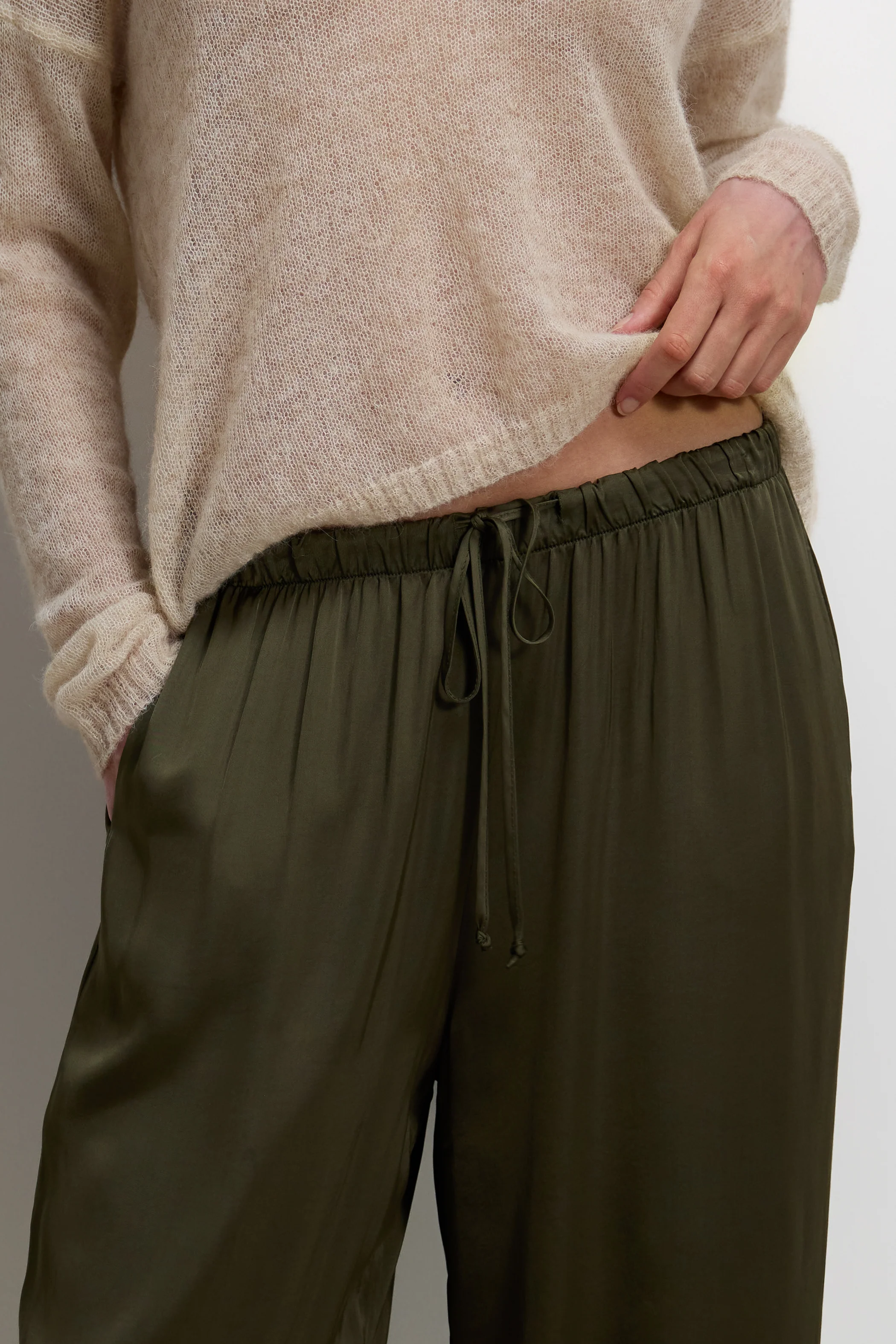 Corin Elastic Waist Satin Trousers | Khaki - Image 2