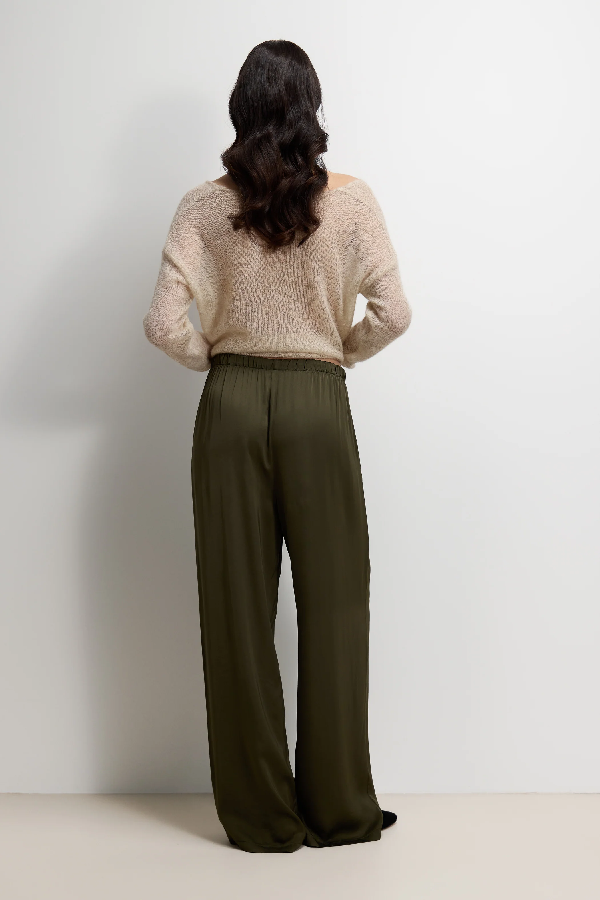 Corin Elastic Waist Satin Trousers | Khaki - Image 3