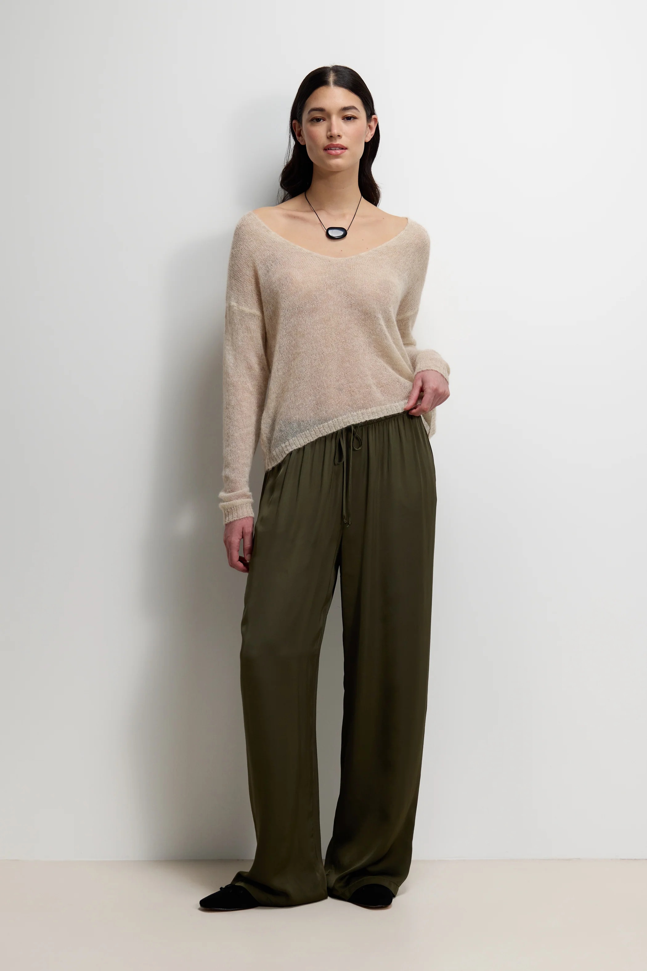 Corin Elastic Waist Satin Trousers | Khaki - Image 5