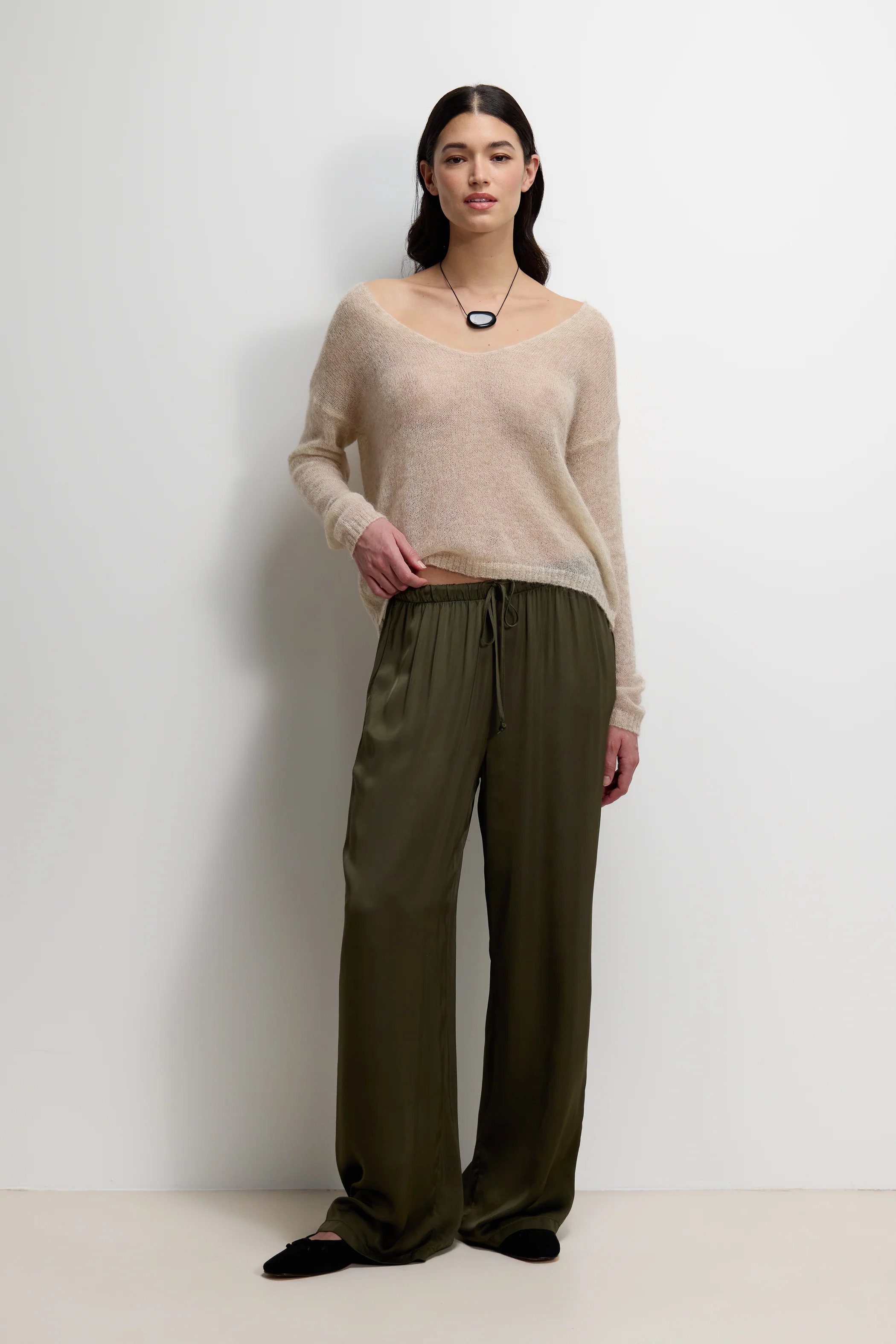 Corin Elastic Waist Satin Trousers | Khaki - Image 6
