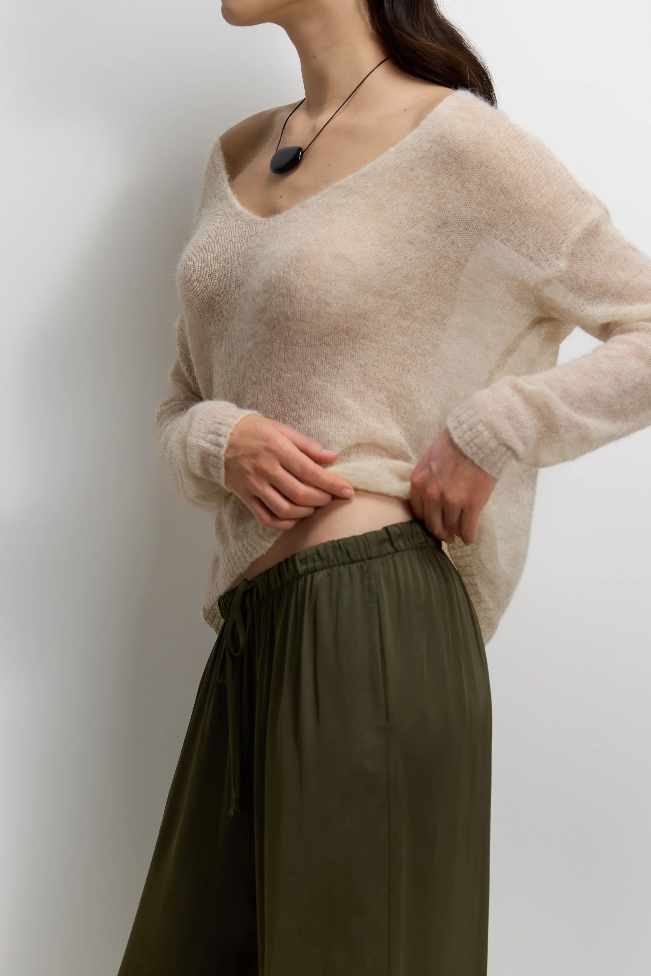 Corin Elastic Waist Satin Trousers | Khaki - Image 7