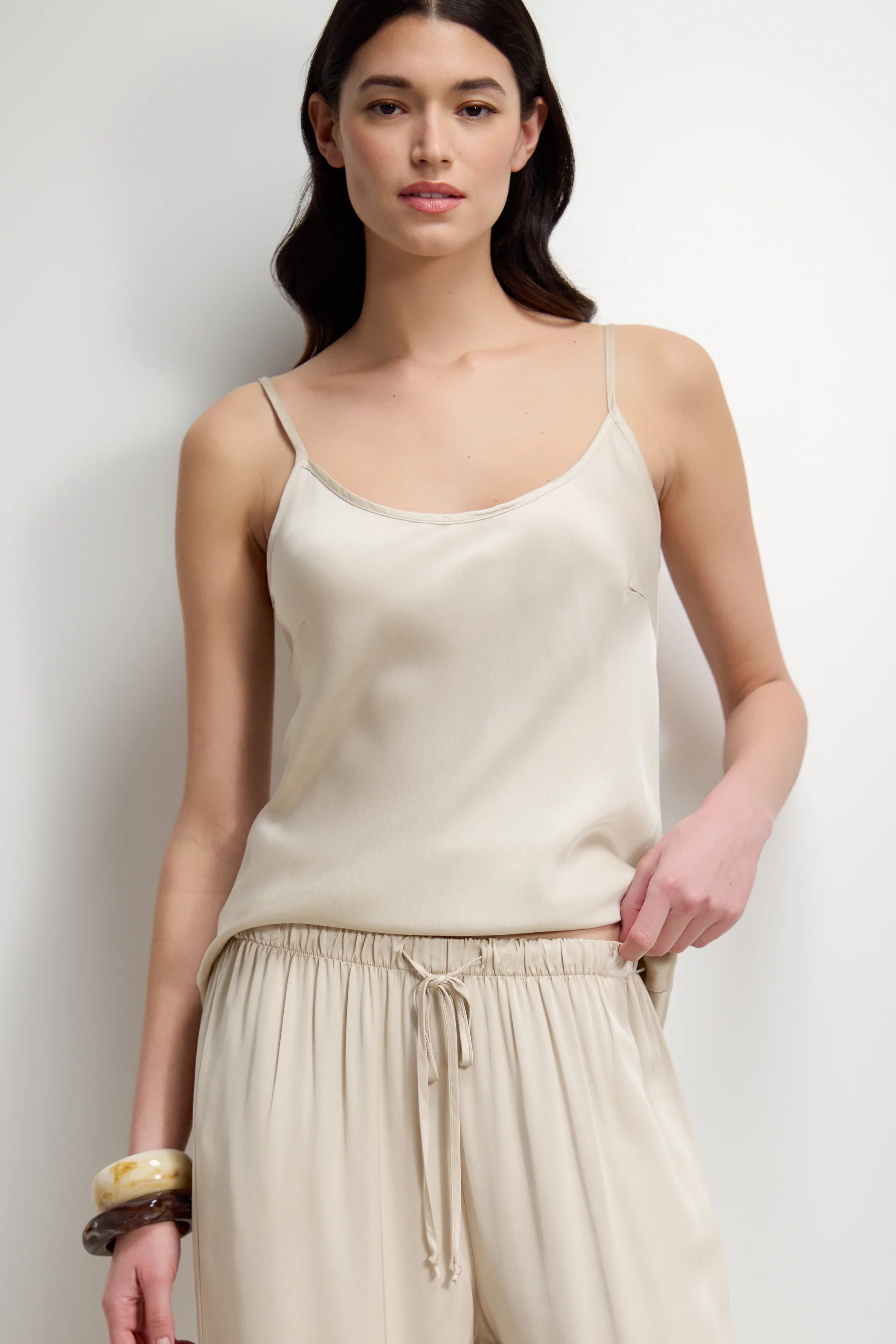 Corin Elastic Waist Satin Trousers | Light Beige - Image 2