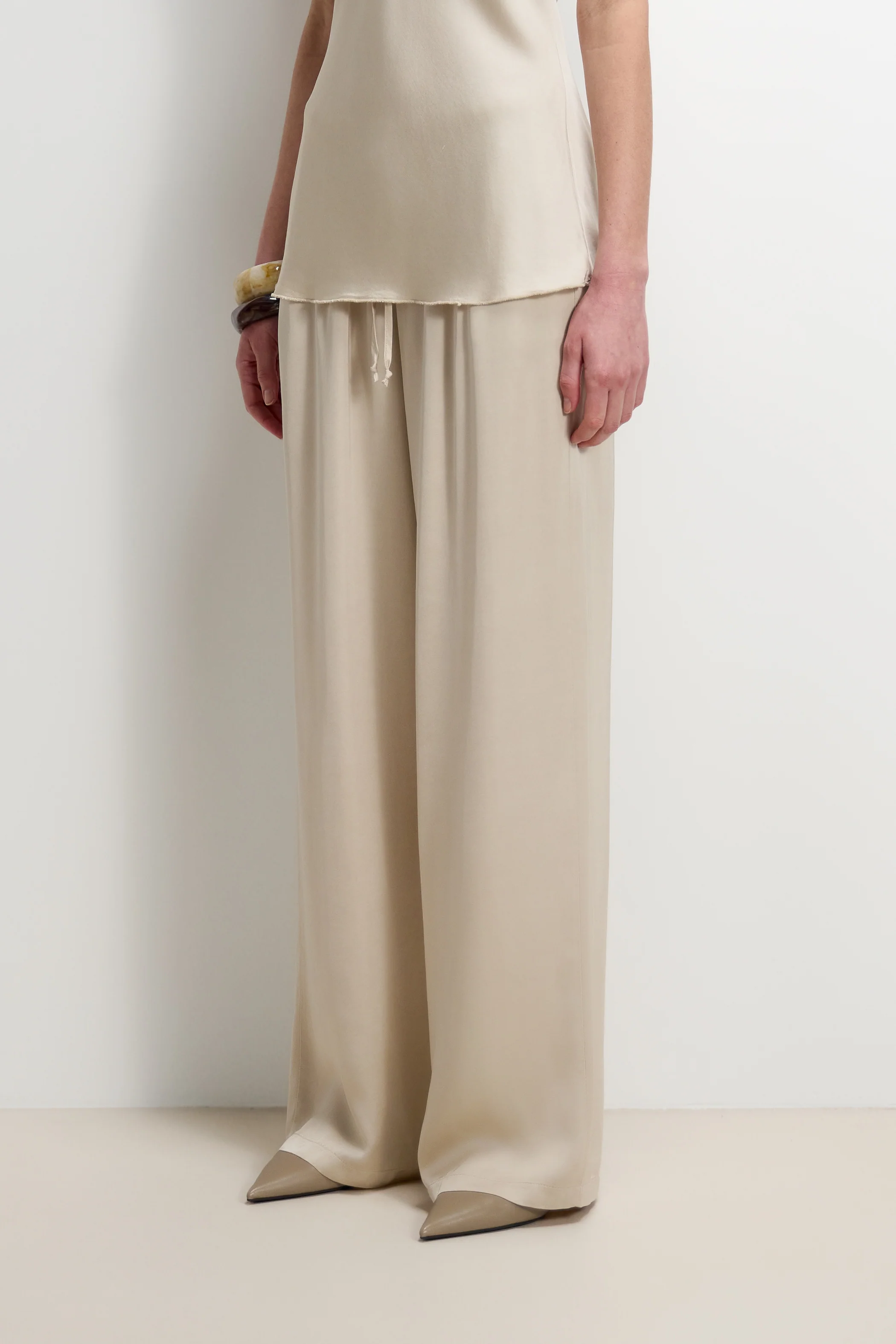 Corin Elastic Waist Satin Trousers | Light Beige - Image 7