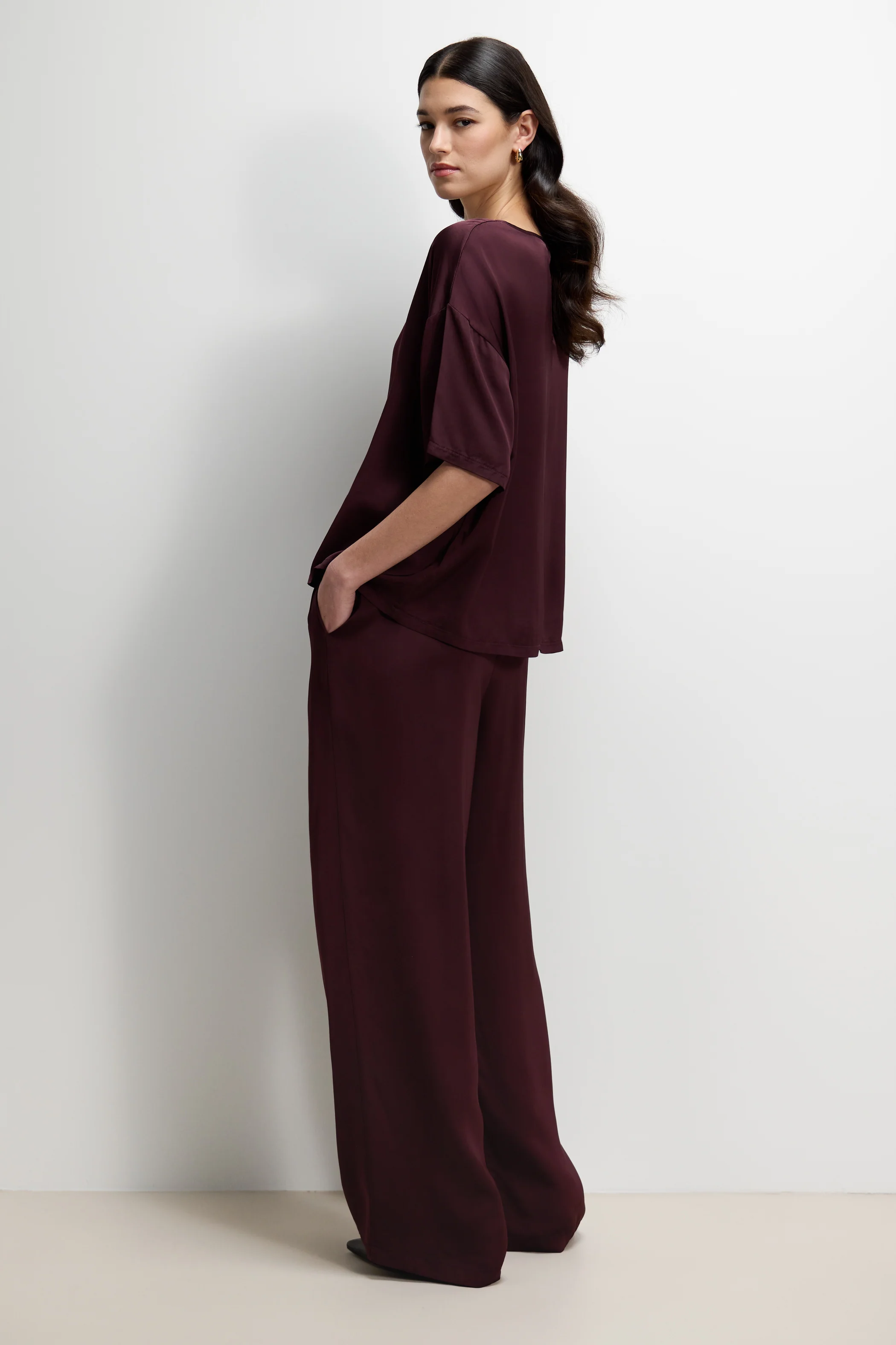 Corin Elastic Waist Satin Trousers | Amethyst Plum - Image 9