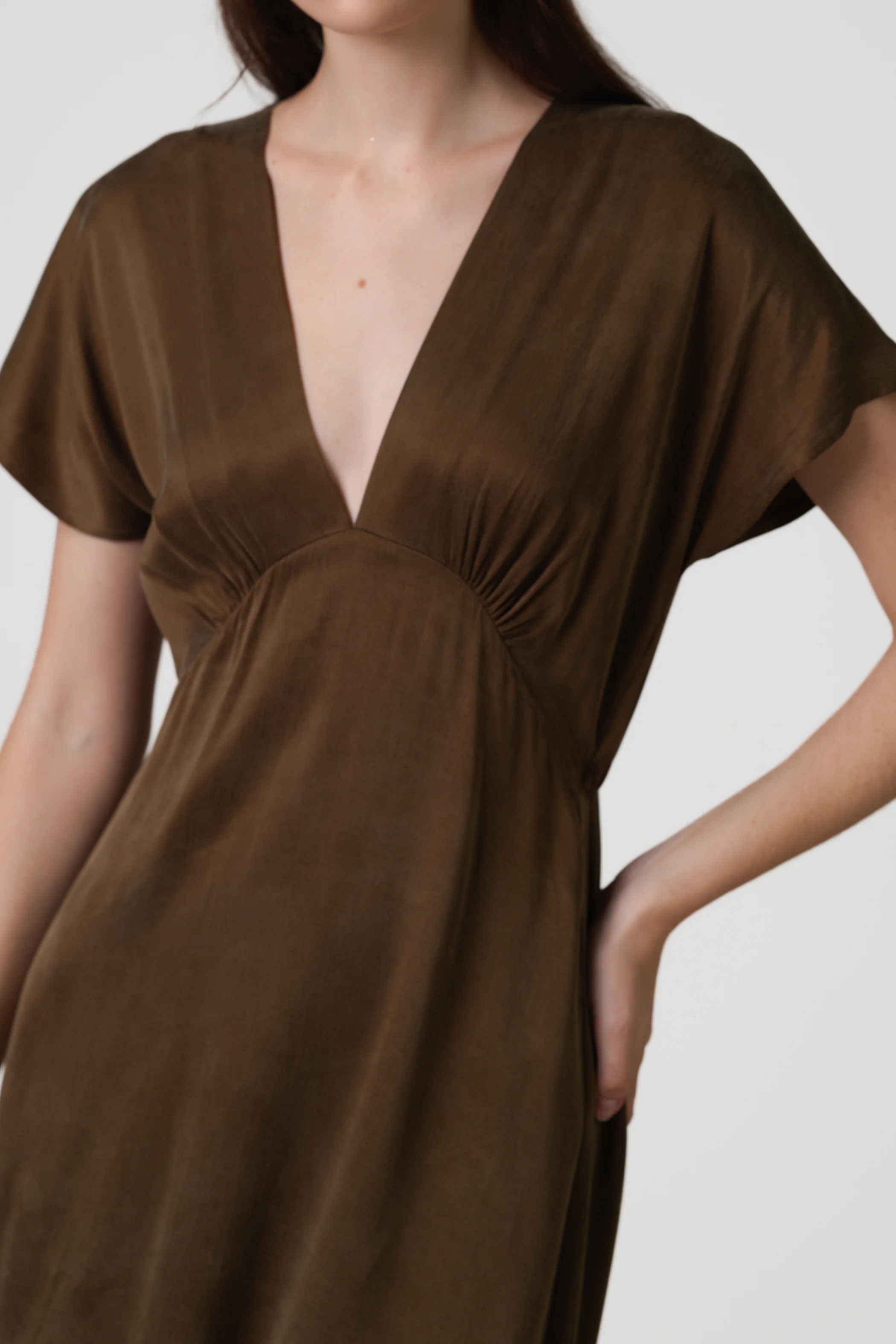 Cressida V Neck Cupro Dress | Chestnut Brown - Image 2
