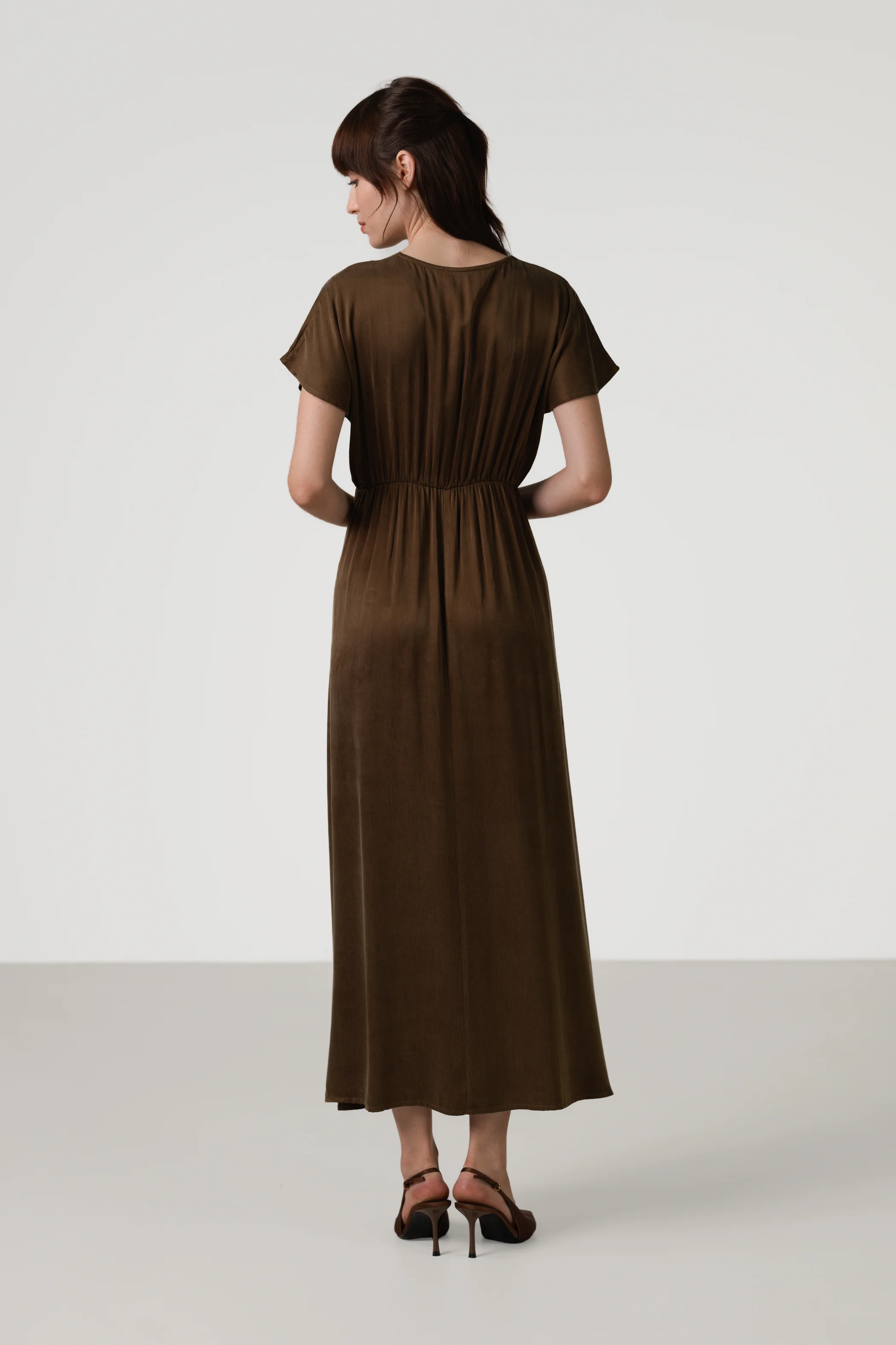 Cressida V Neck Cupro Dress | Chestnut Brown - Image 3