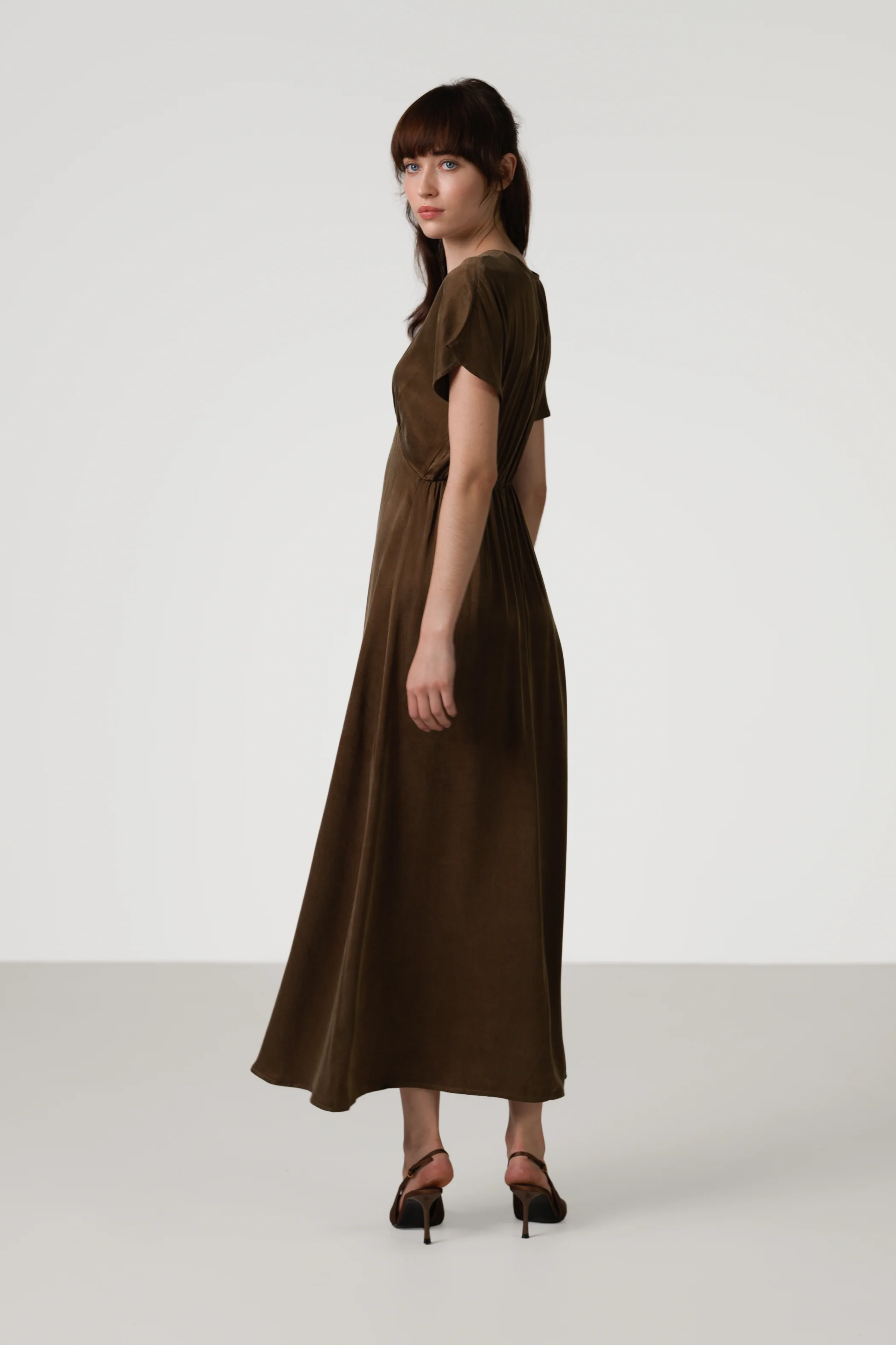 Cressida V Neck Cupro Dress | Chestnut Brown - Image 4