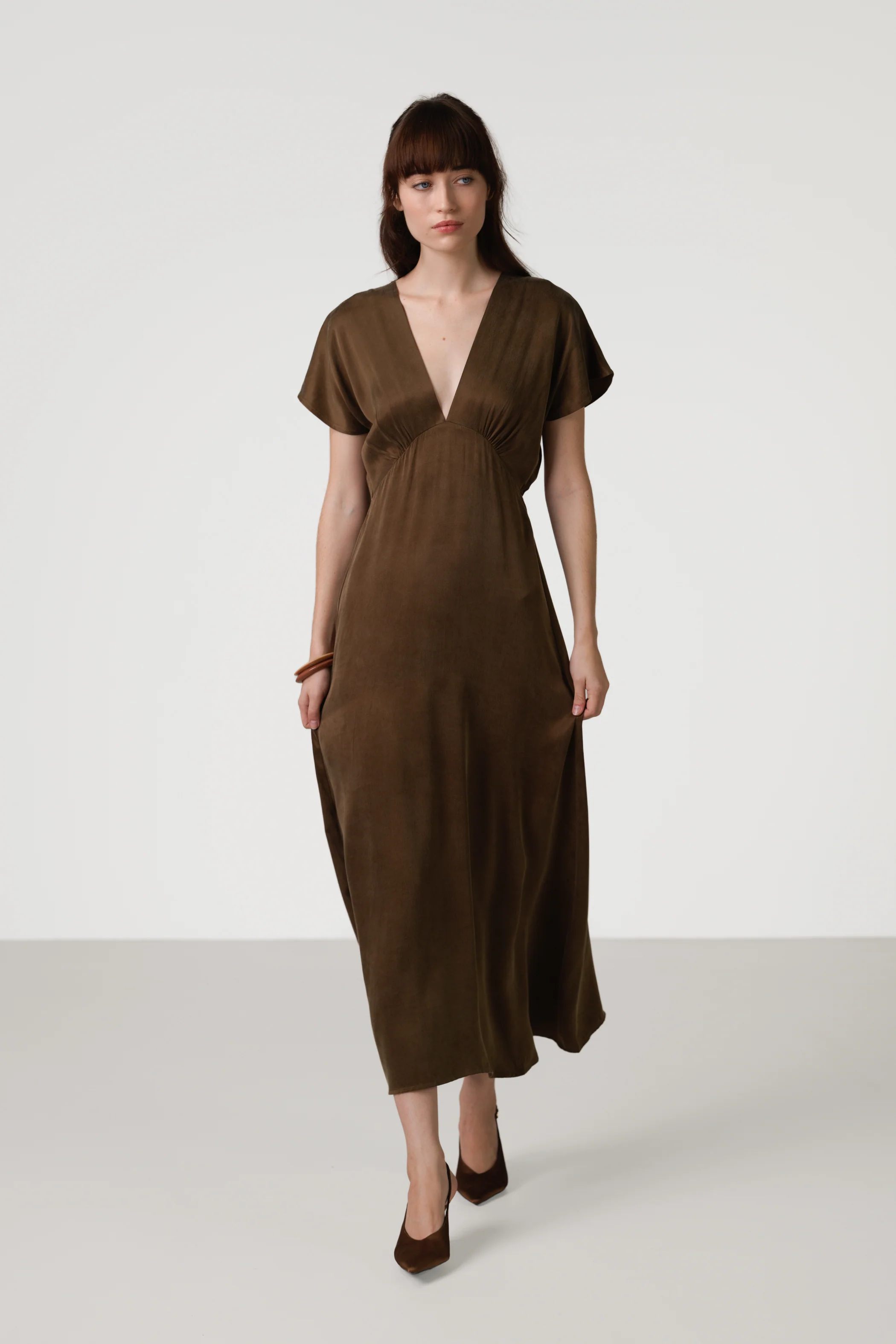 Cressida V Neck Cupro Dress | Chestnut Brown - Image 5