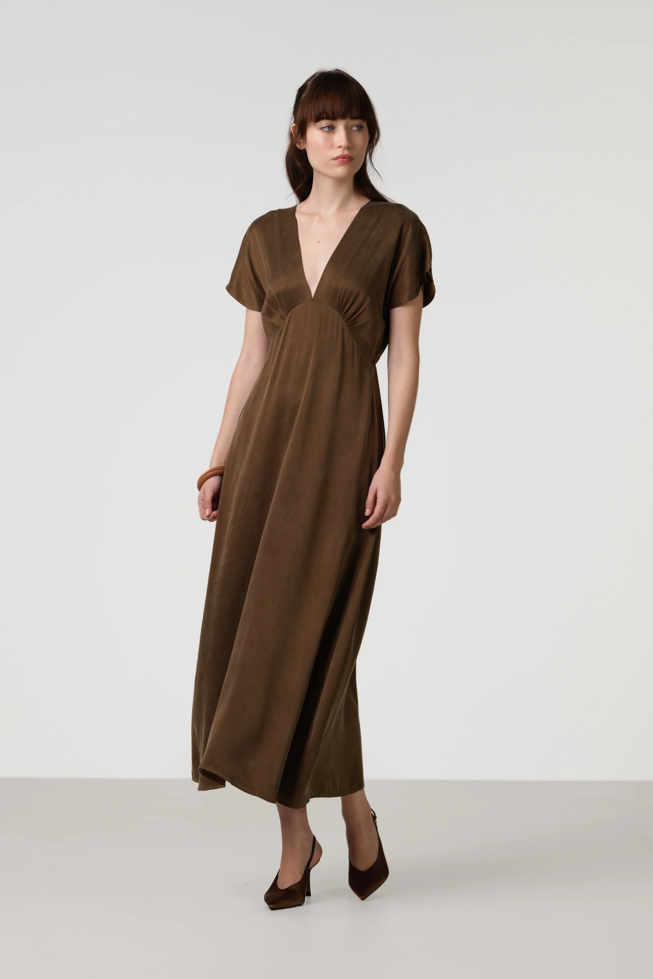 Cressida V Neck Cupro Dress | Chestnut Brown - Image 6