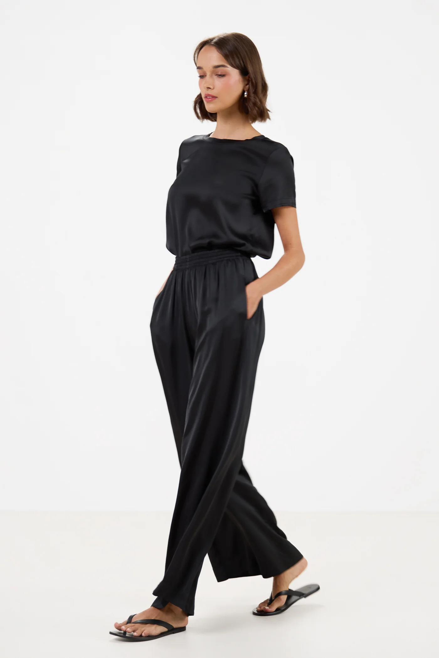 Daisy Elastic Waist Satin Pants | Black