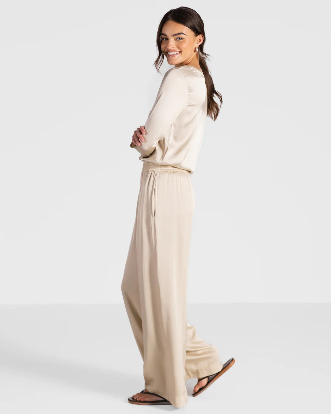 Daisy Elastic Waist Satin Pants | Cream - Image 2