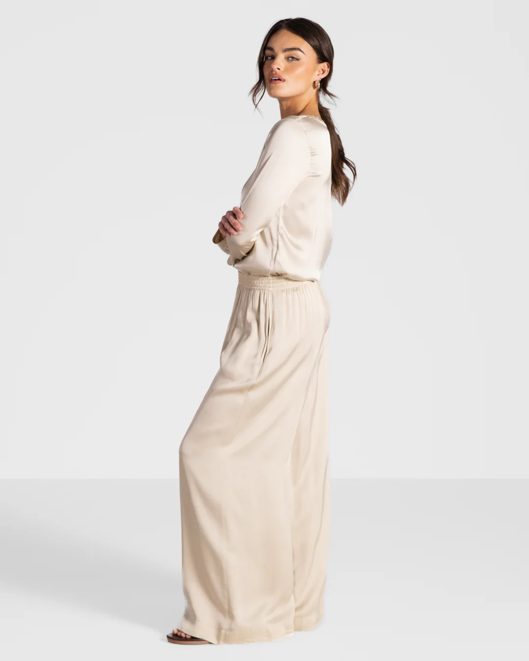 Daisy Elastic Waist Satin Pants | Cream - Image 4