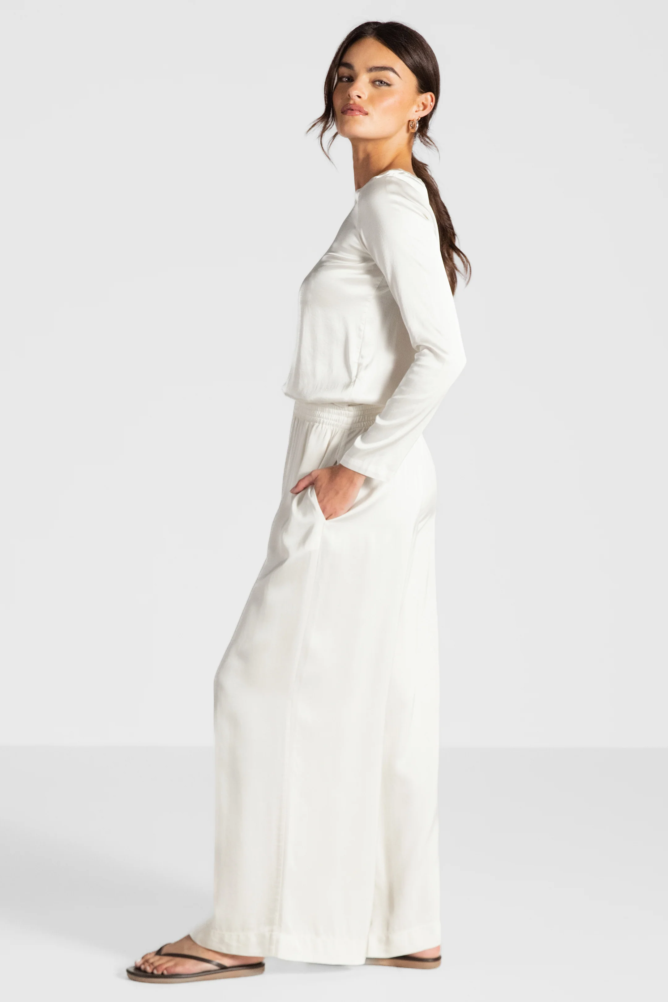 Daisy Elastic Waist Satin Pants | Ivory - Image 3