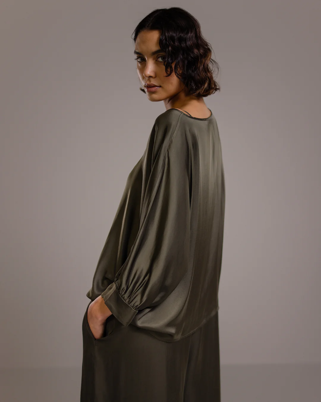 Eliza Satin Blouse | Khaki - Image 2