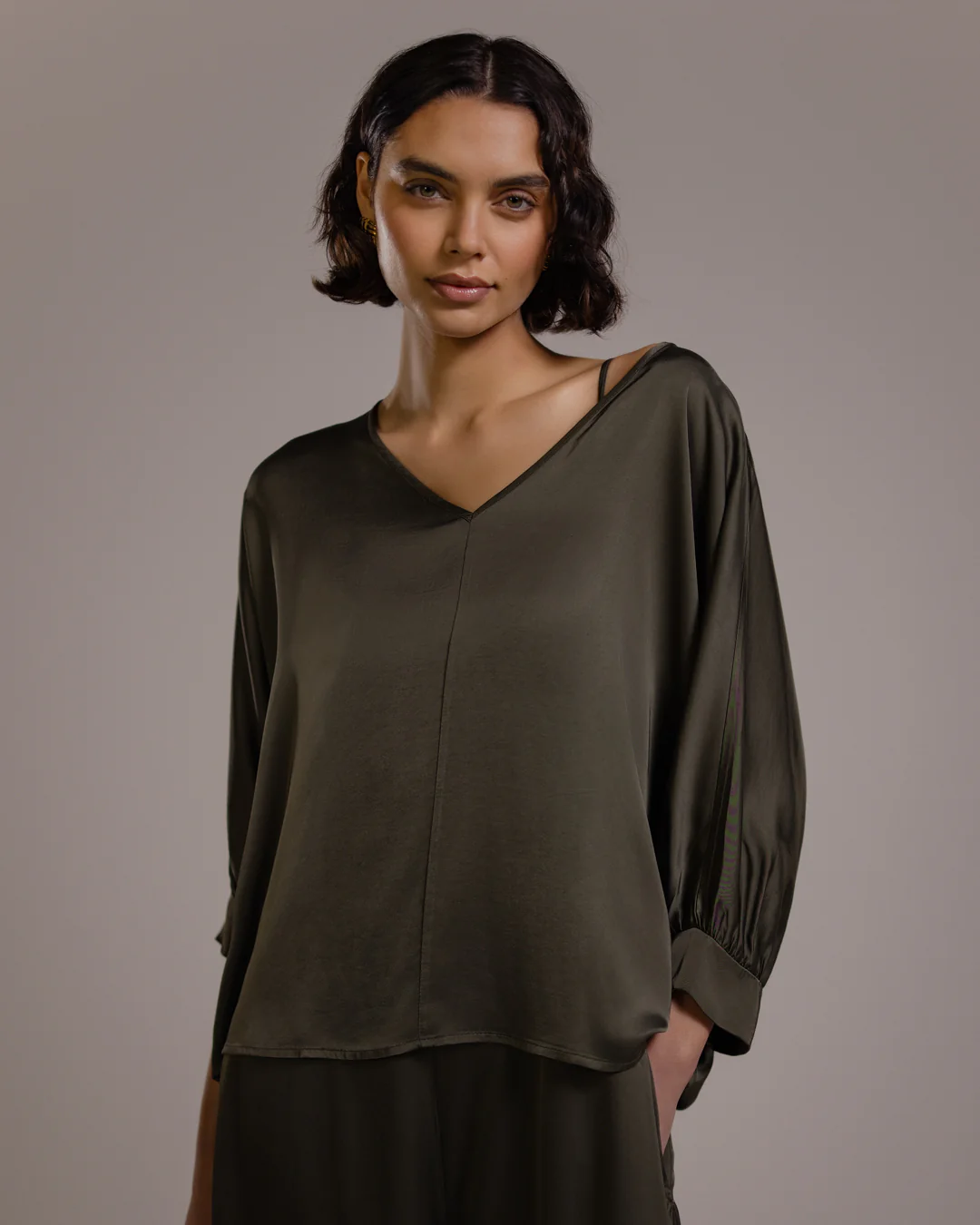 Eliza Satin Blouse | Khaki - Image 3