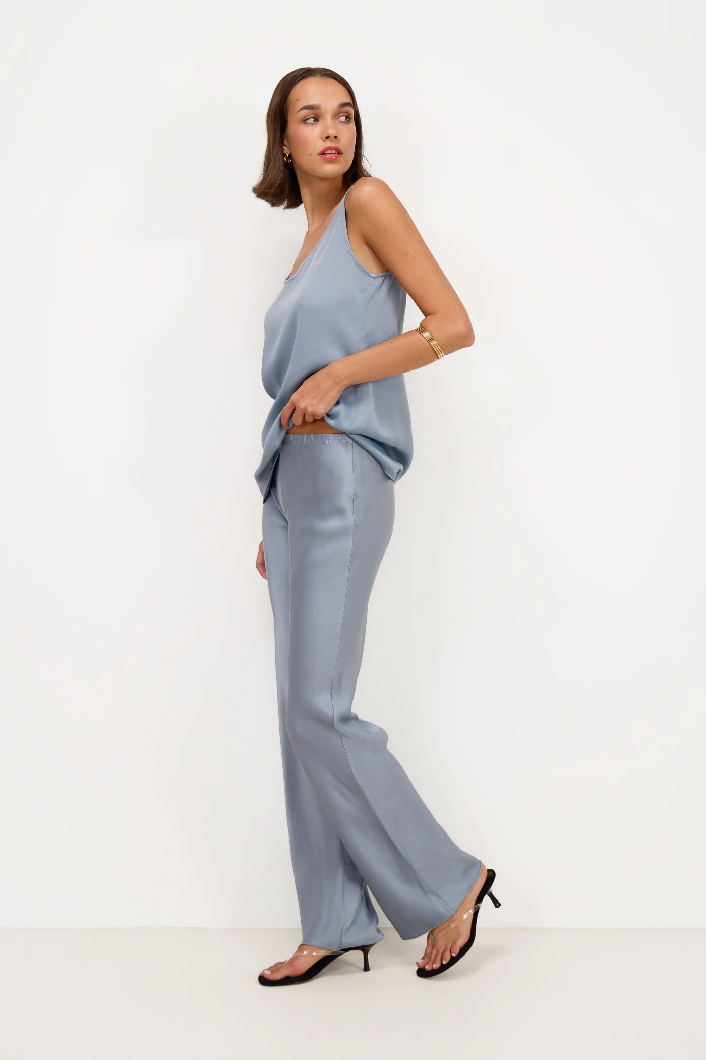 Genet Elastic Waist Bias Satin Trousers | Dusty Blue - Image 4