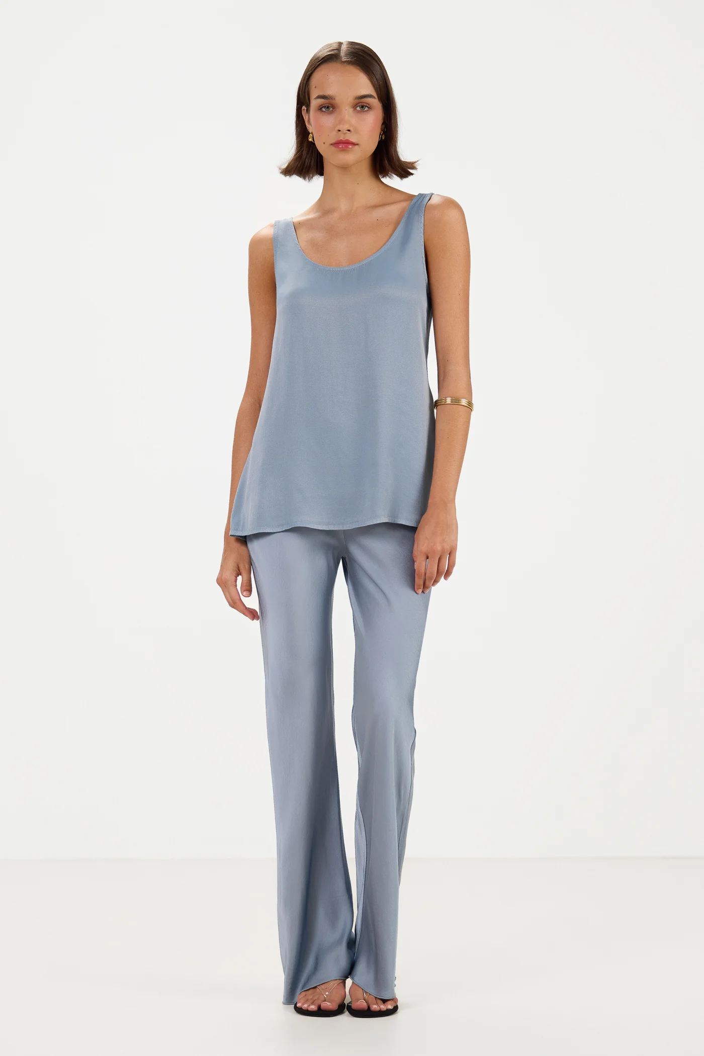 Genet Elastic Waist Bias Satin Trousers | Dusty Blue - Image 6