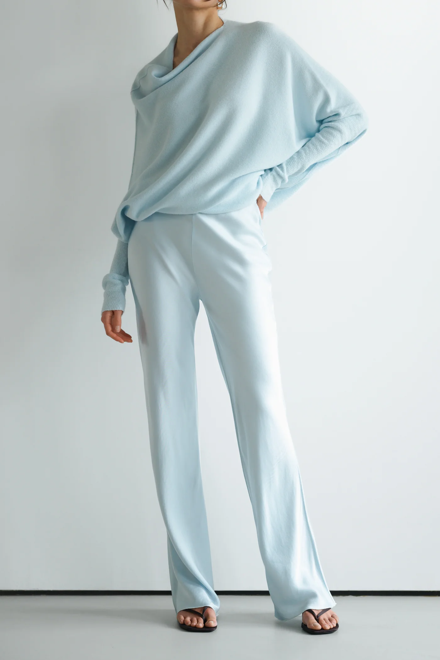 Genet Elastic Waist Bias Satin Trousers | Glacier - Image 2