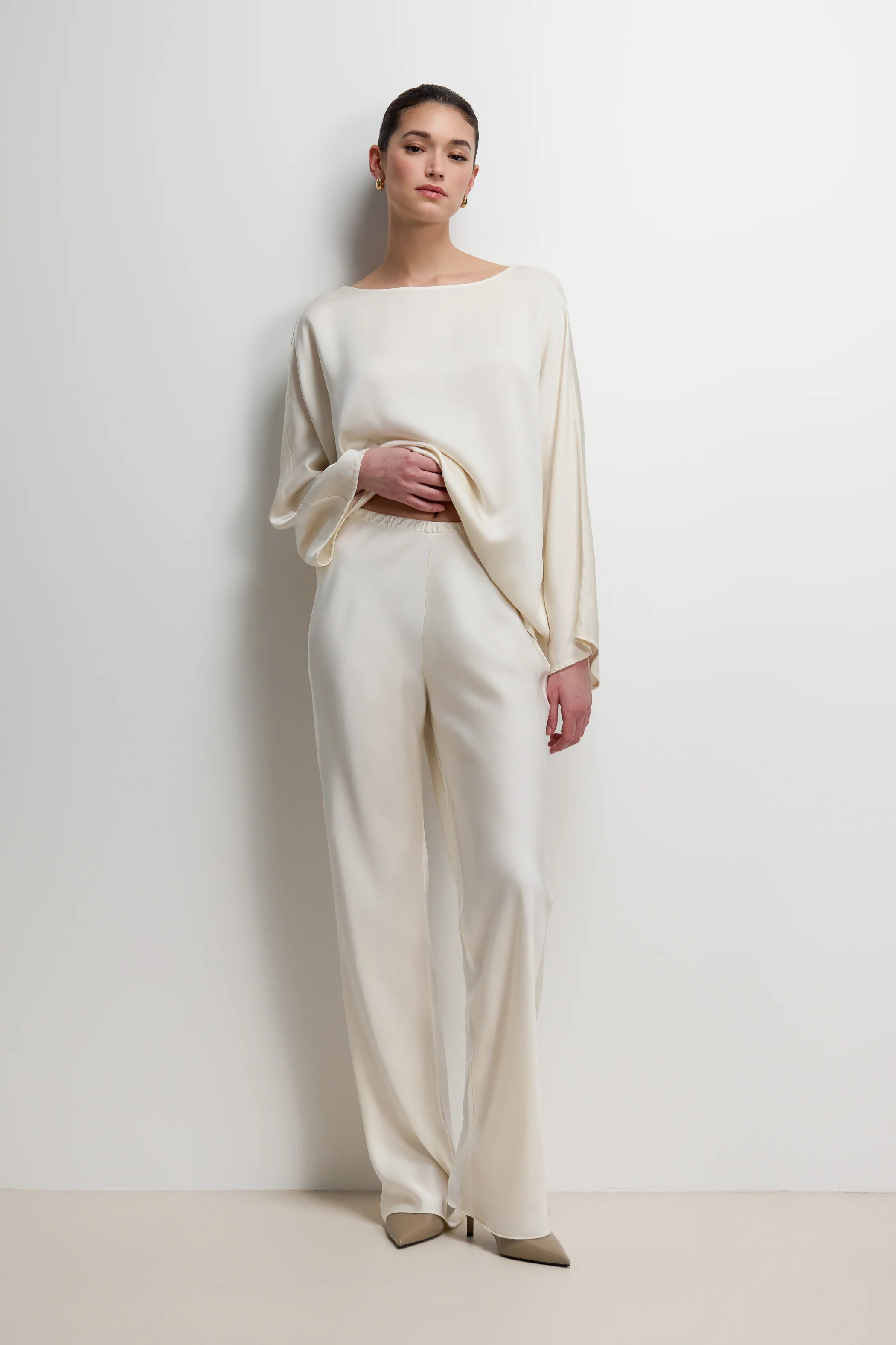 Genet Elastic Waist Bias Satin Trousers | Ivory