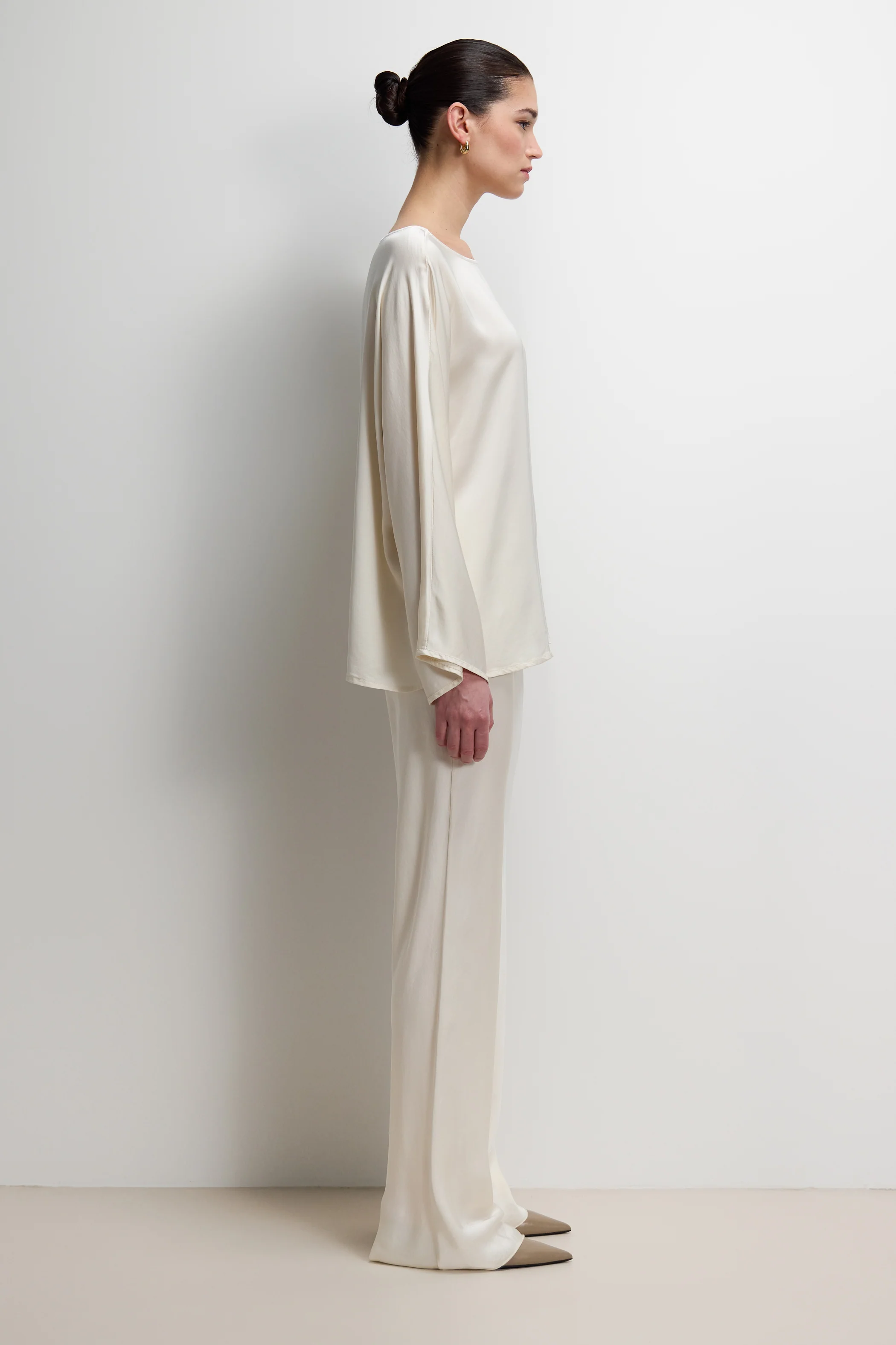 Genet Elastic Waist Bias Satin Trousers | Ivory - Image 4