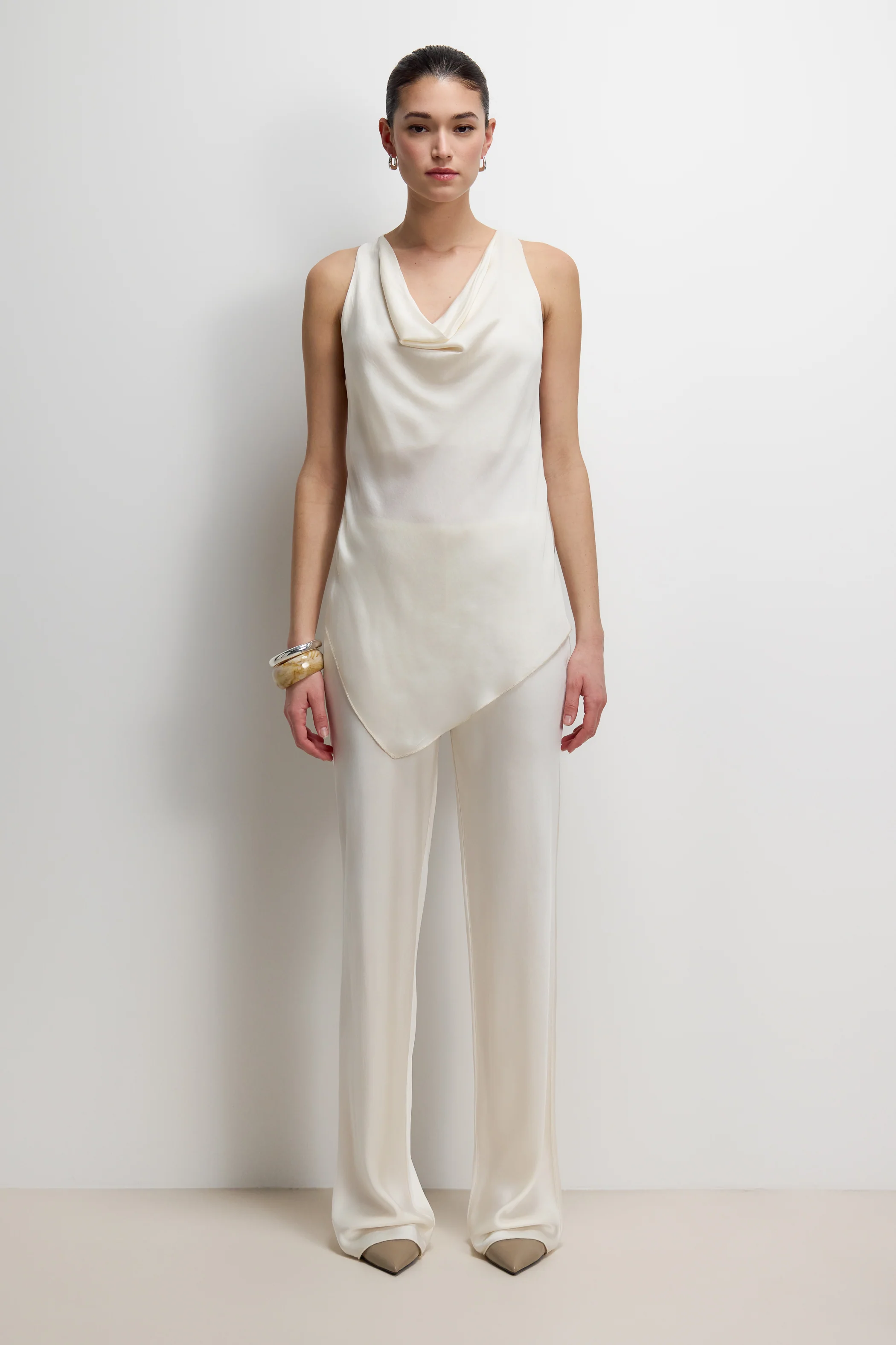 Genet Elastic Waist Bias Satin Trousers | Ivory - Image 6