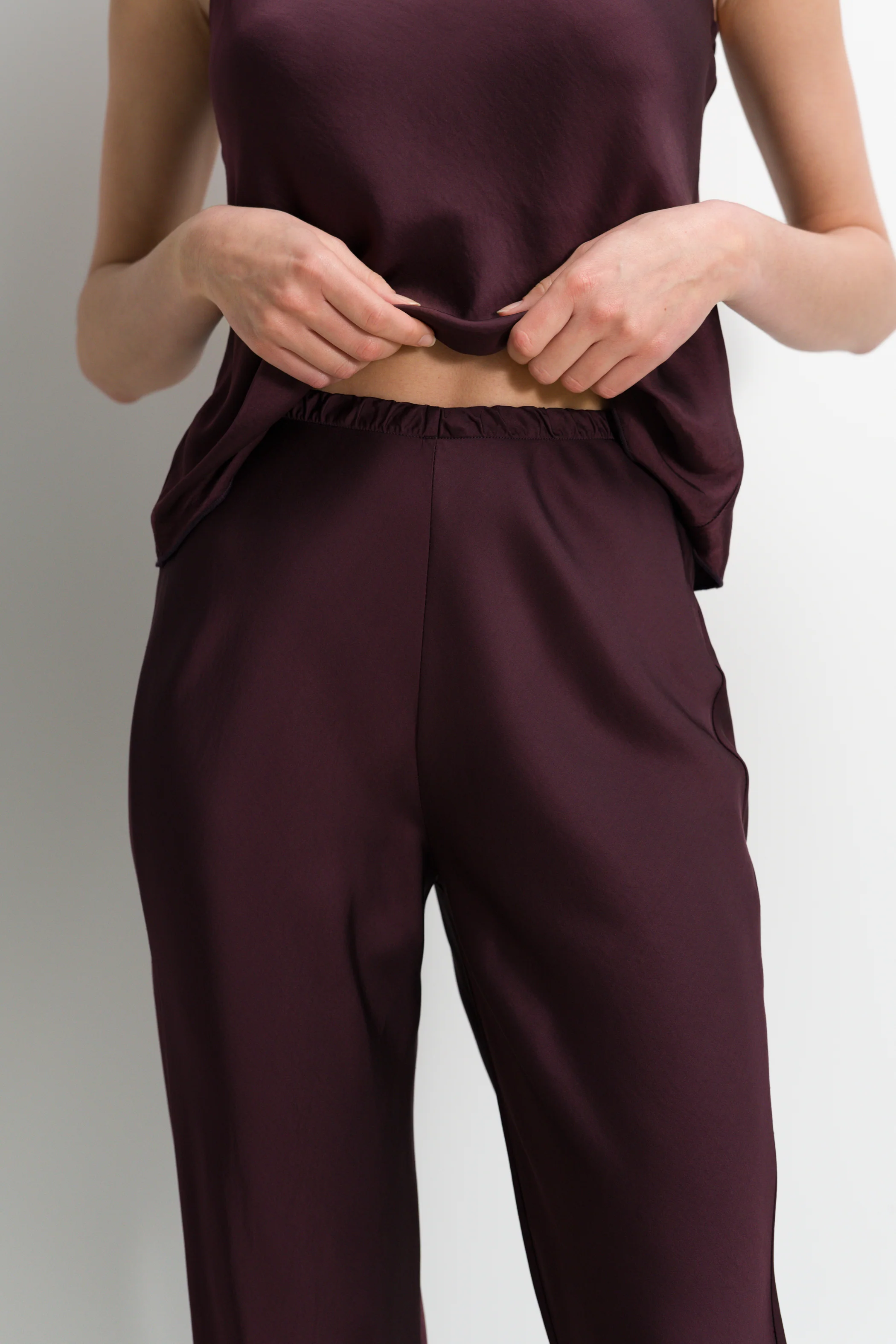 Genet Elastic Waist Bias Satin Trousers | Amethyst Plum - Image 2