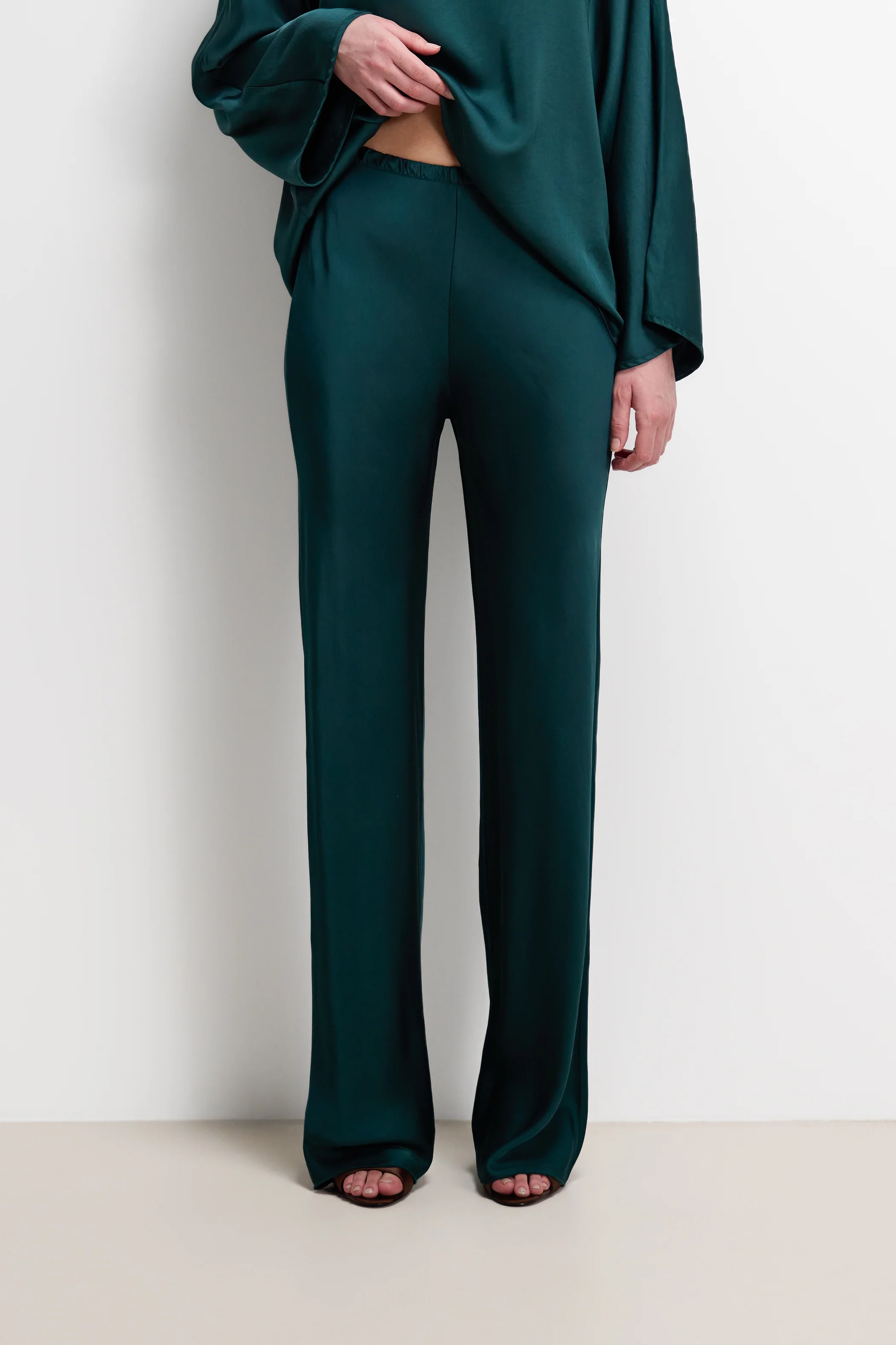 Genet Elastic Waist Bias Satin Trousers | Teal - Image 2