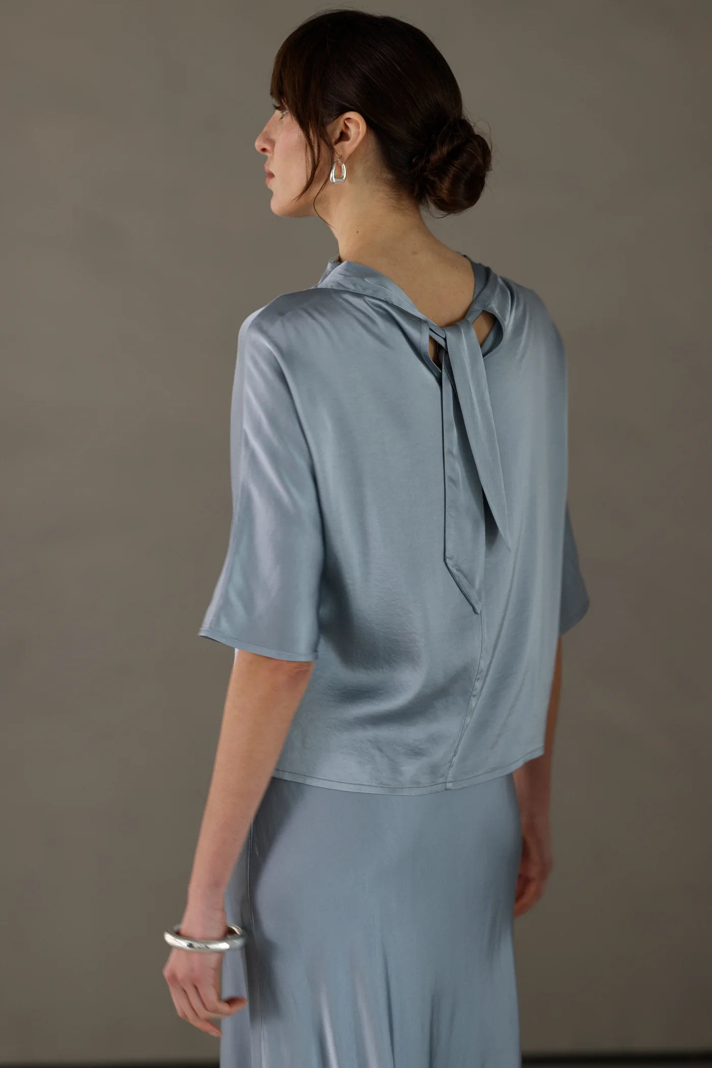 Genevieve Back Tie Satin Top | Dusty Blue - Image 6