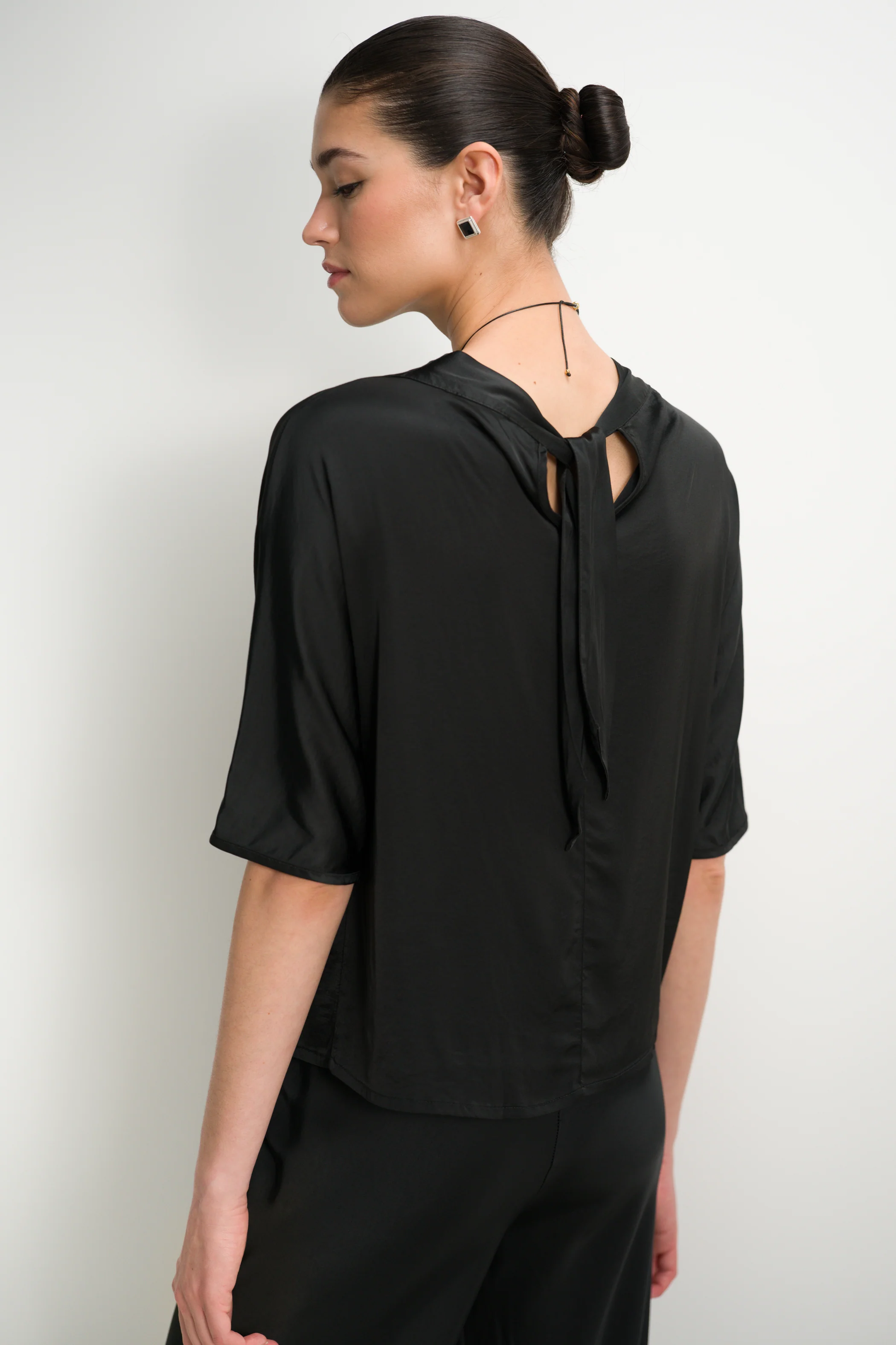 Genevieve Back Tie Satin Top | Black - Image 2