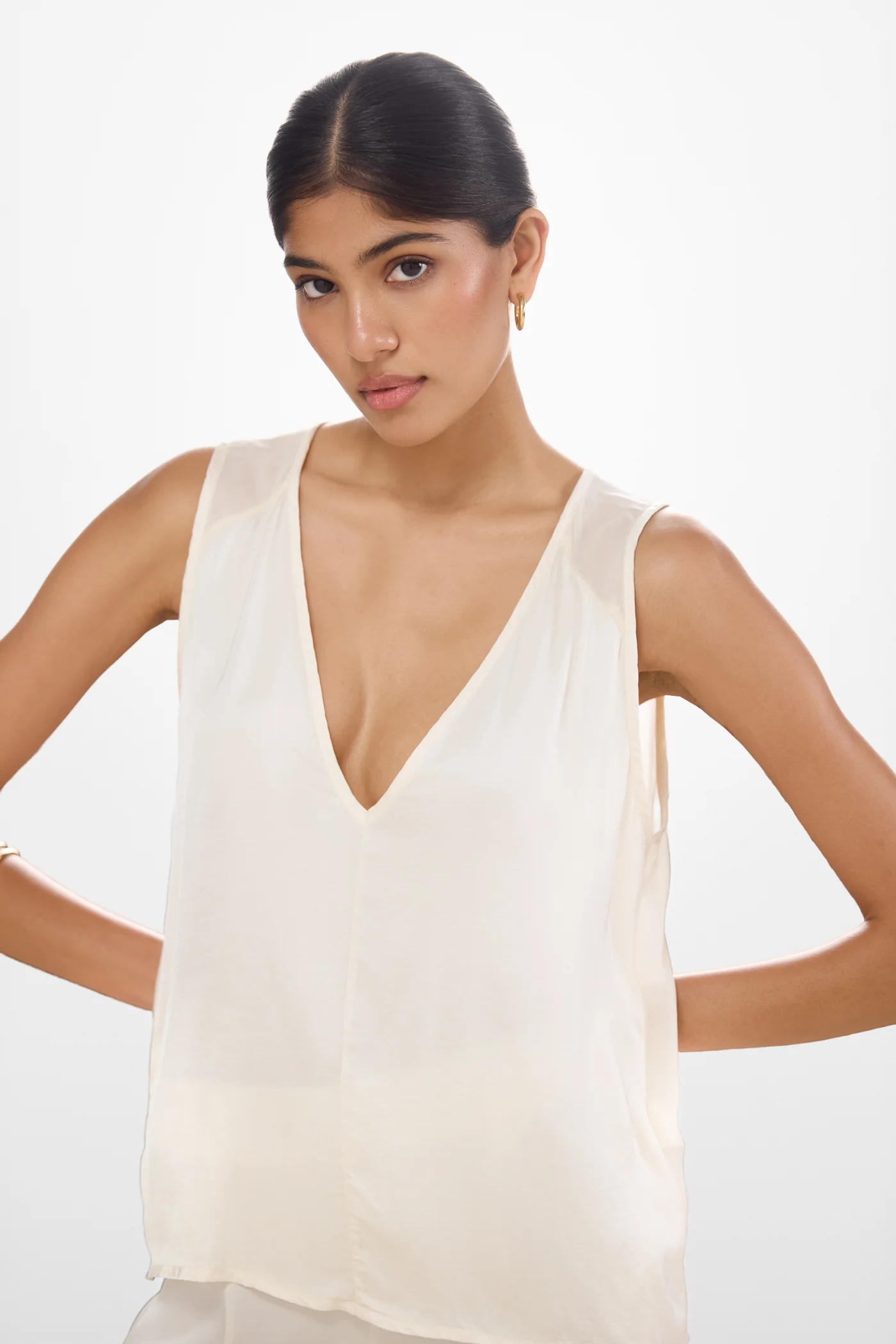 Gigi V Neck Sheer Back Satin Top | Ivory - Image 5