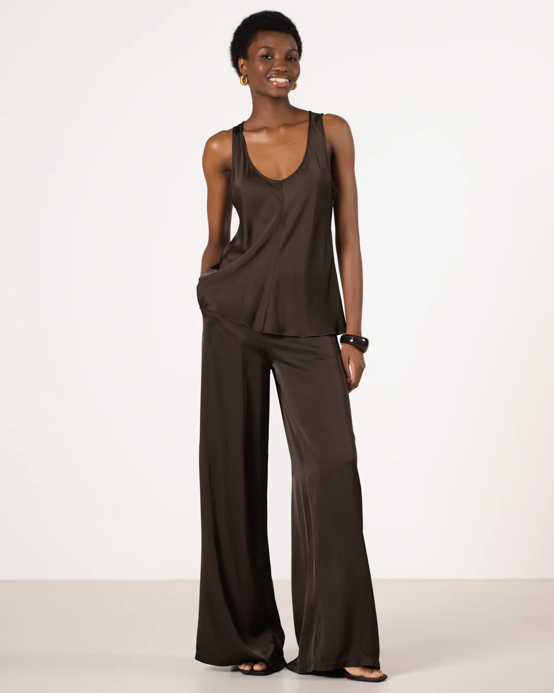 Giselle Elastic High Waist Satin Trousers | Cocoa Soleil - Image 7