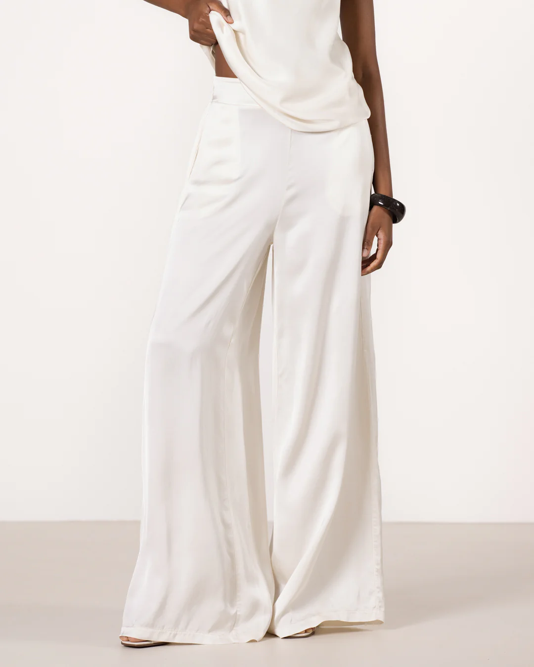 Giselle Elastic High Waist Satin Trousers | Ivory - Image 4