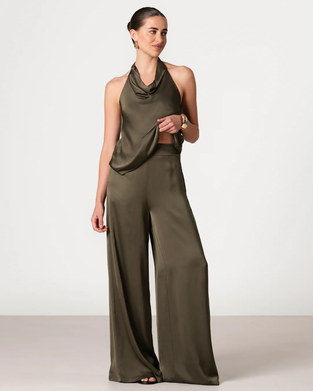 Giselle Elastic High Waist Satin Trousers | Khaki - Image 2