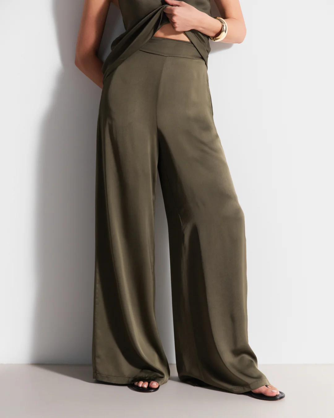 Giselle Elastic High Waist Satin Trousers | Khaki - Image 3