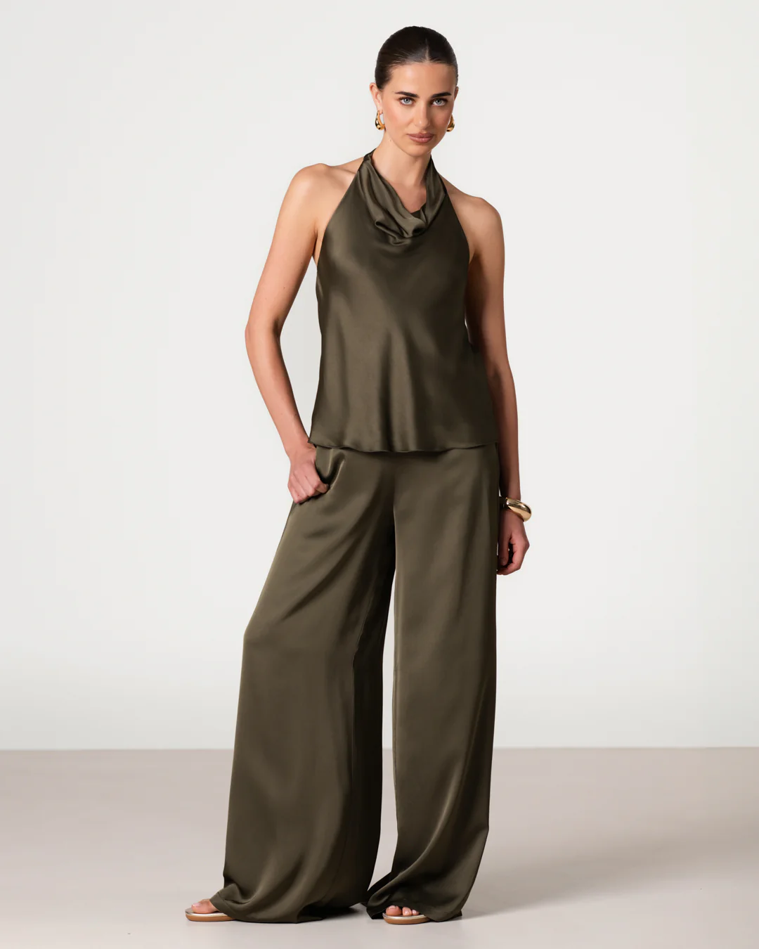 Carmen Backless Halterneck Top | Khaki - Image 4