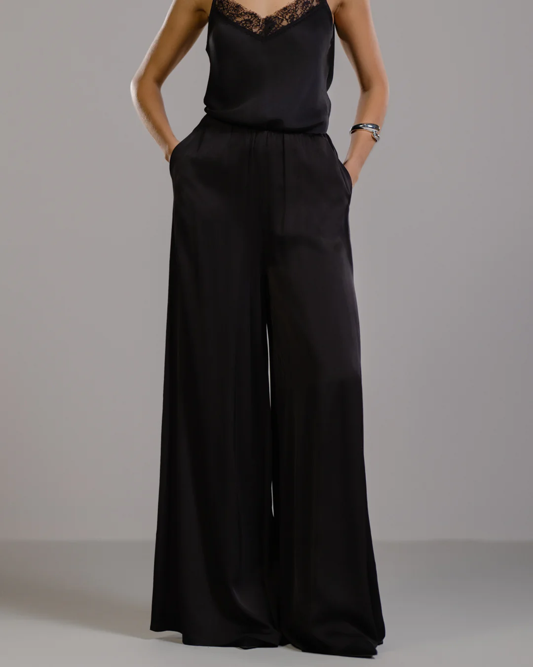 Helena Elastic Waist Satin Trousers | Black - Image 5