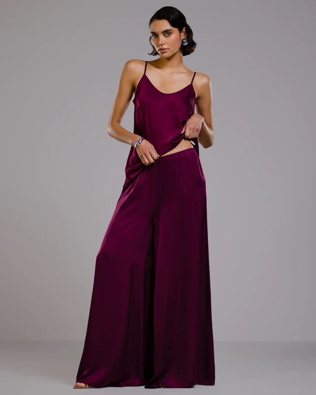 Helena Elastic Waist Satin Trousers | Burgundy
